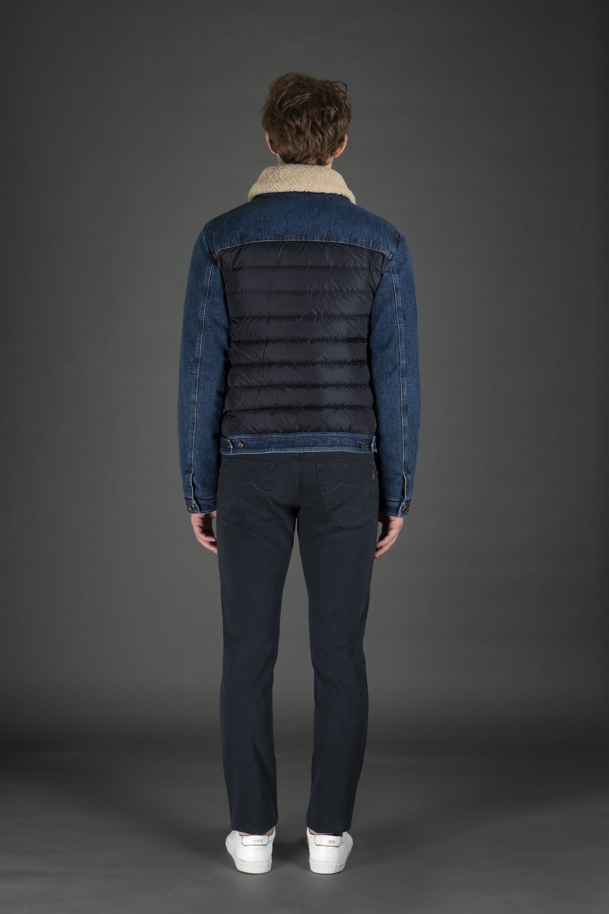MOORER MEN'S BLUE DENIM SHEARLING JACKET
