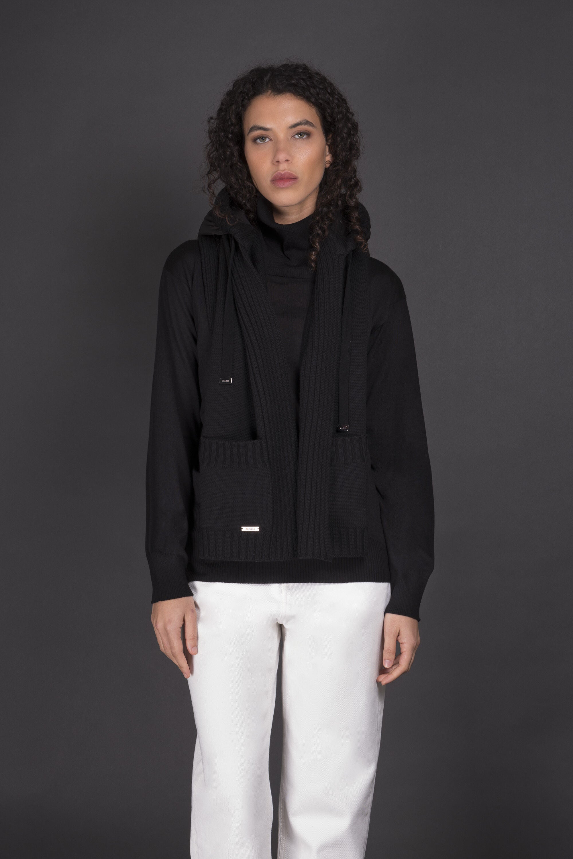 MOORER WOMEN'S BLACK KNIT SWEATER WITH SCARF DETAIL