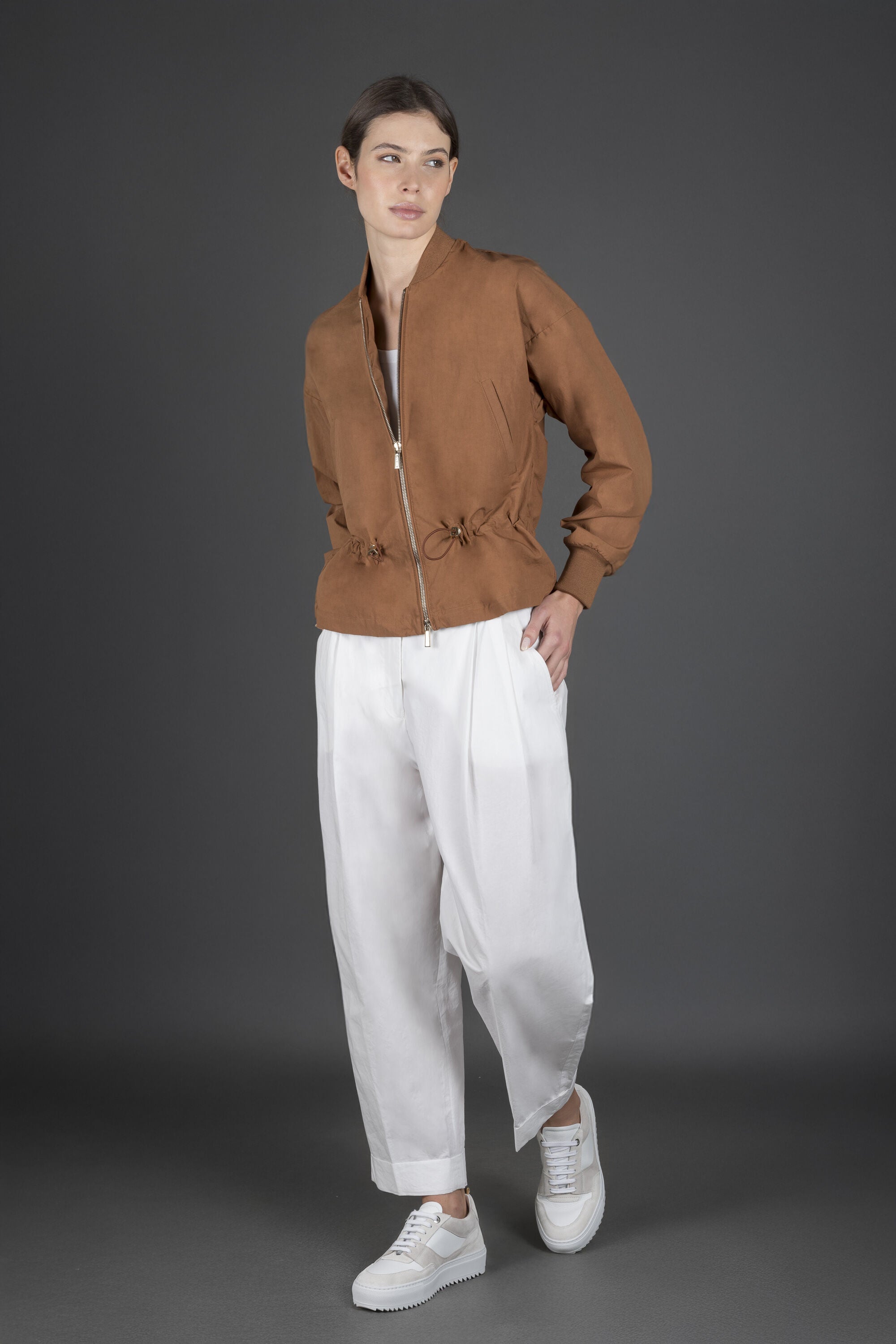 MOORER WOMEN'S TOBACCO BOMBER JACKET WITH DRAWSTRING