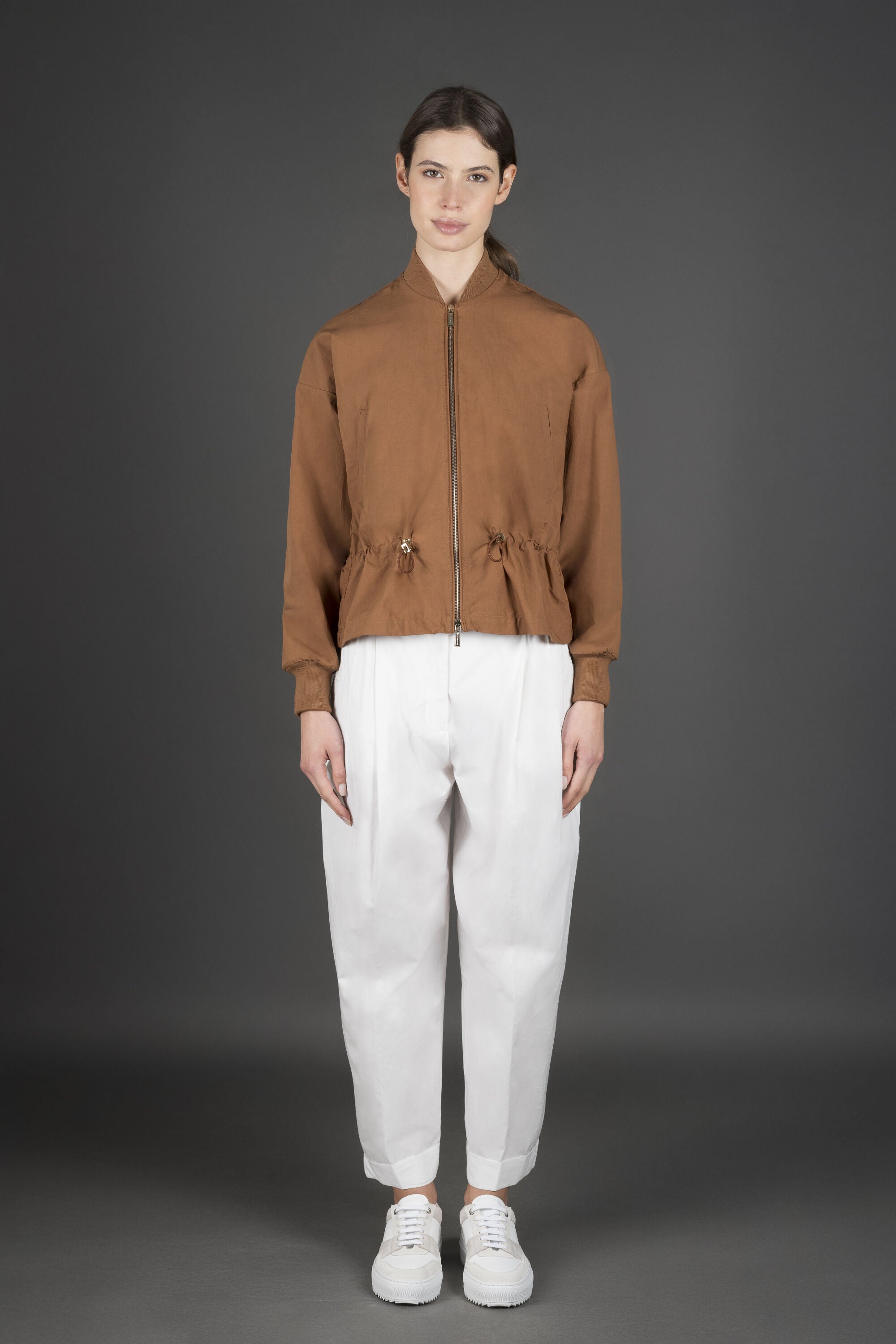 MOORER WOMEN'S TOBACCO BOMBER JACKET WITH DRAWSTRING