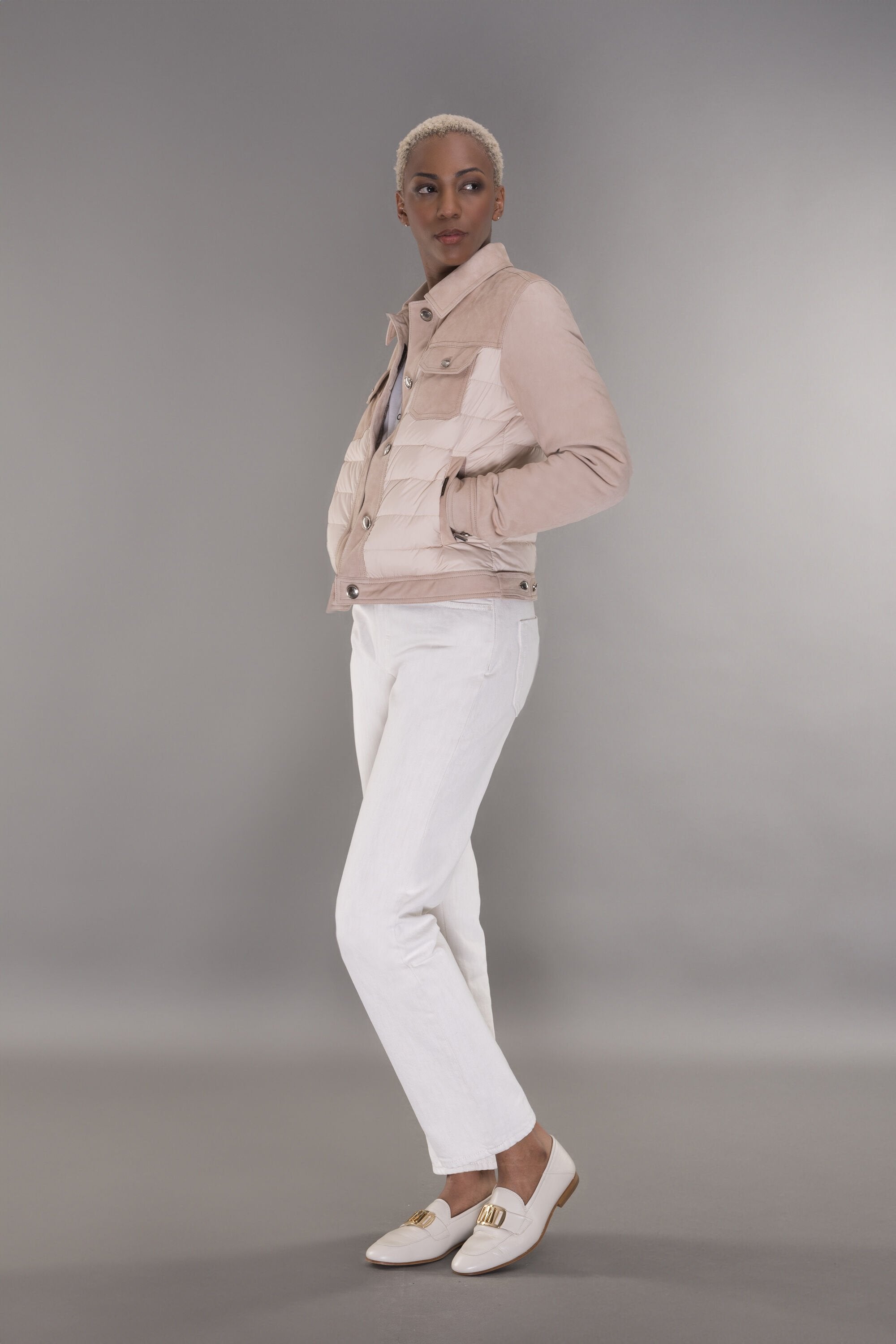 MOORER WOMEN'S BLUSH SUEDE AND QUILTED JACKET