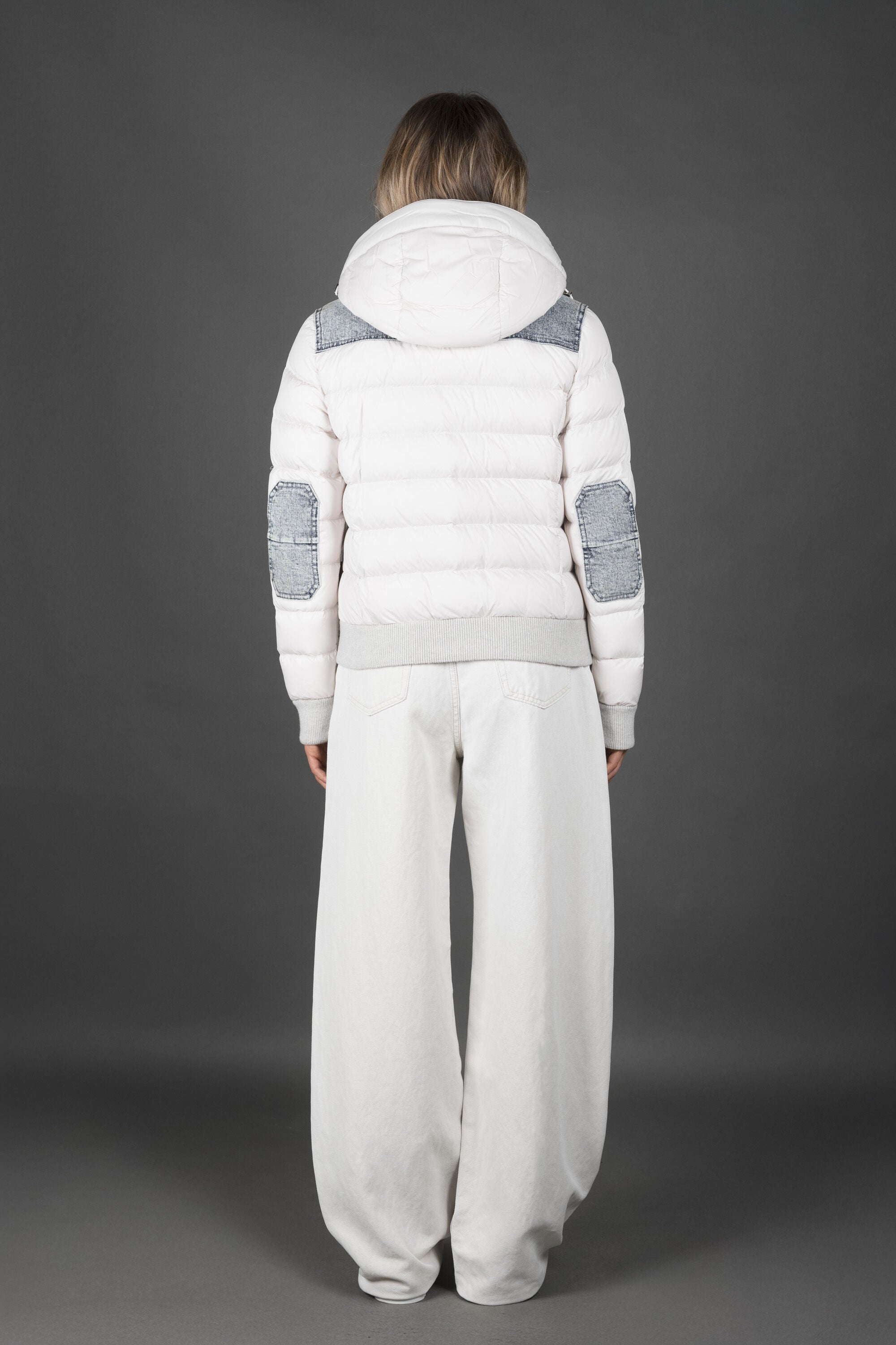 MOORER WOMEN'S WHITE PUFFER JACKET WITH DENIM ACCENTS