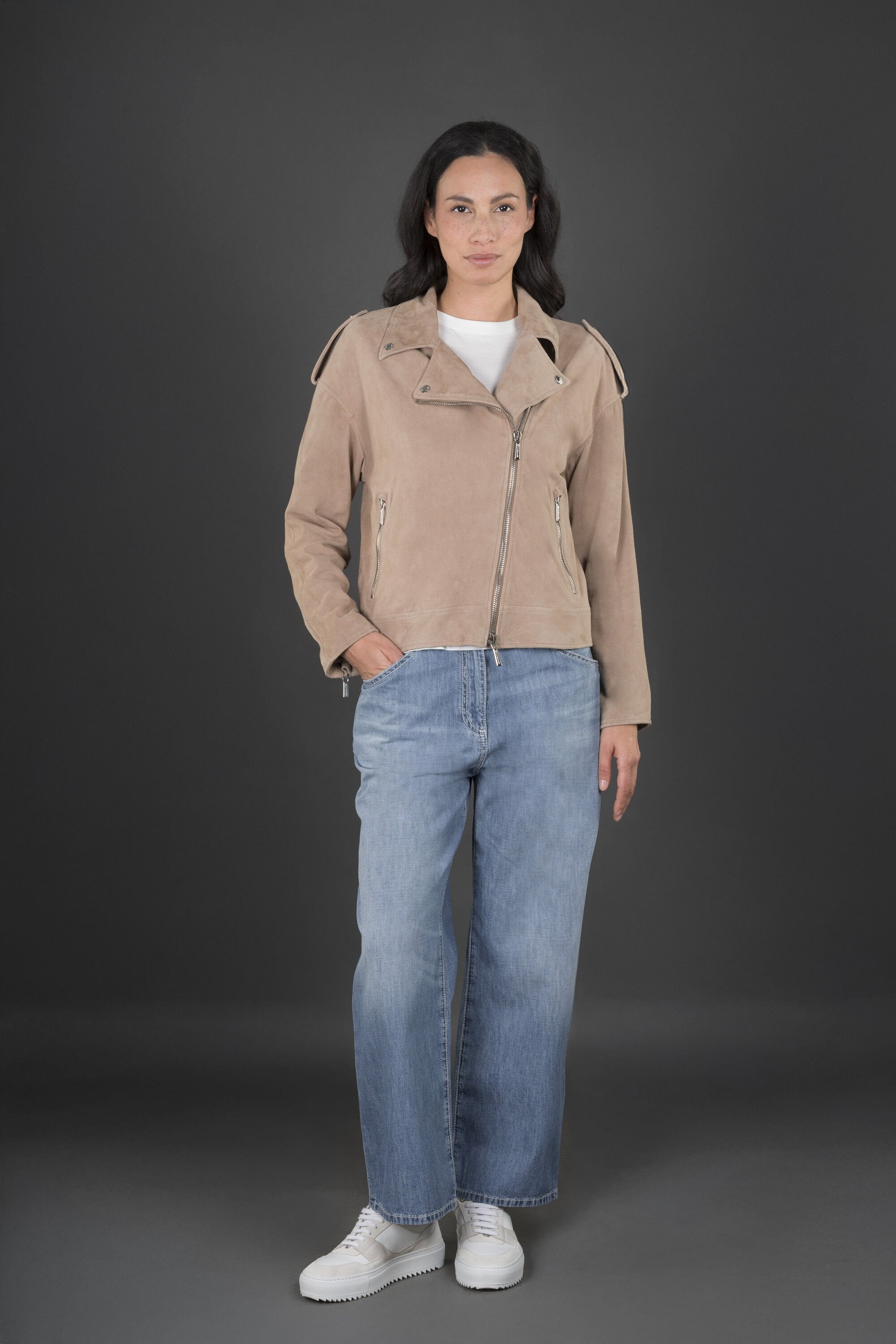 MOORER WOMEN'S HAZELNUT SUEDE BIKER JACKET