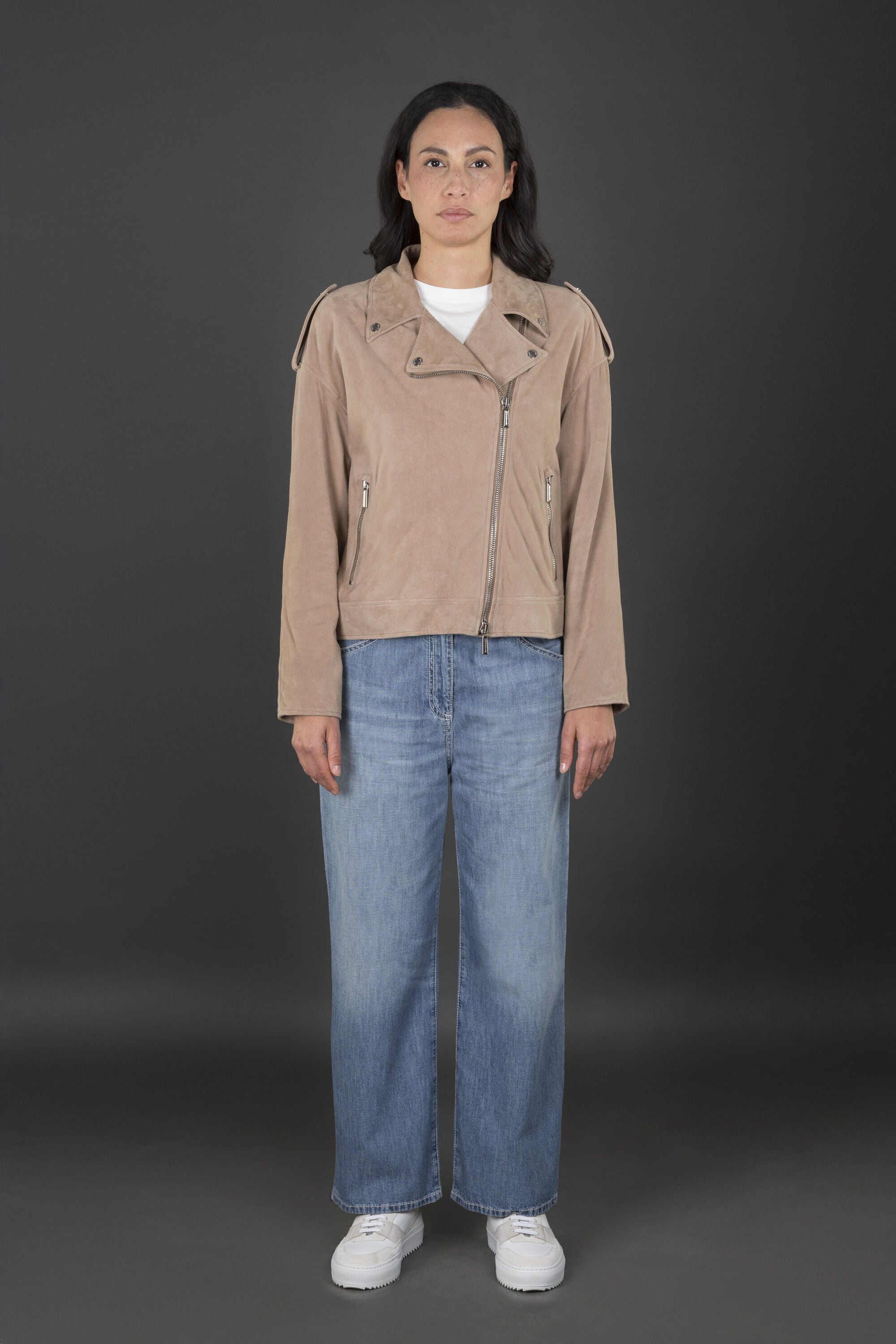 MOORER WOMEN'S HAZELNUT SUEDE BIKER JACKET