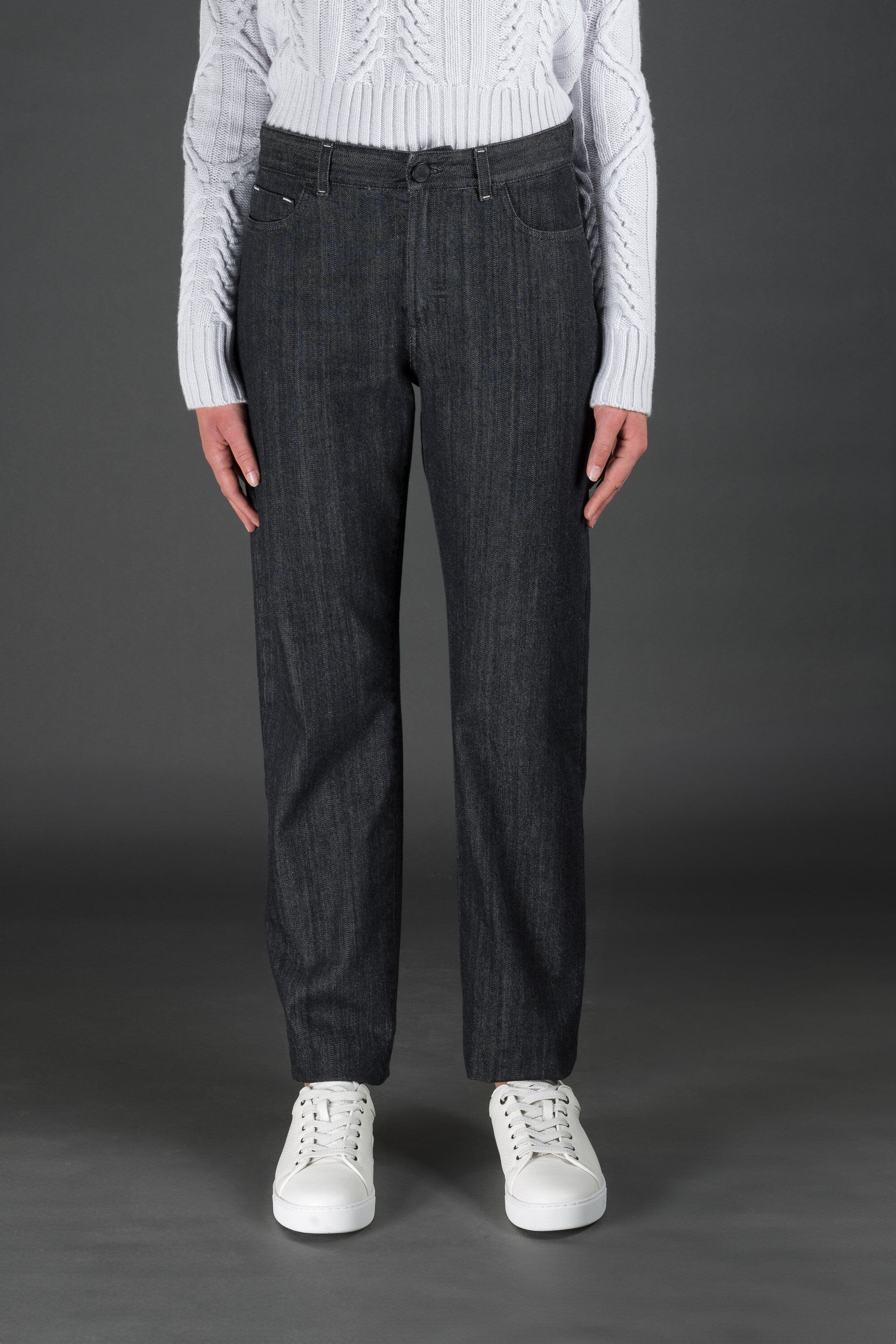 MOORER WOMEN'S BLACK STRAIGHT-LEG DENIM TROUSERS