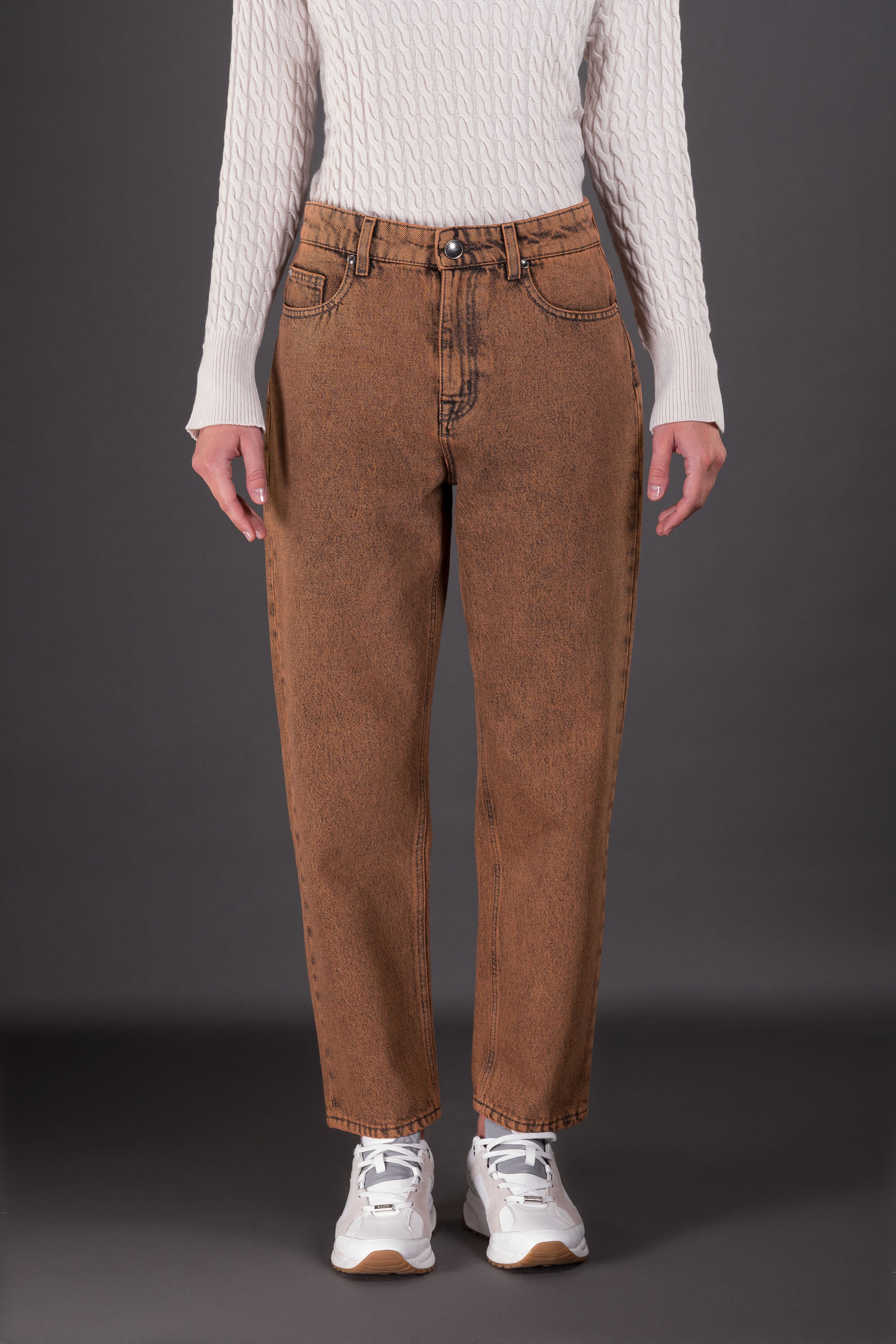 MOORER WOMEN'S BROWN STRAIGHT-LEG DENIM TROUSERS