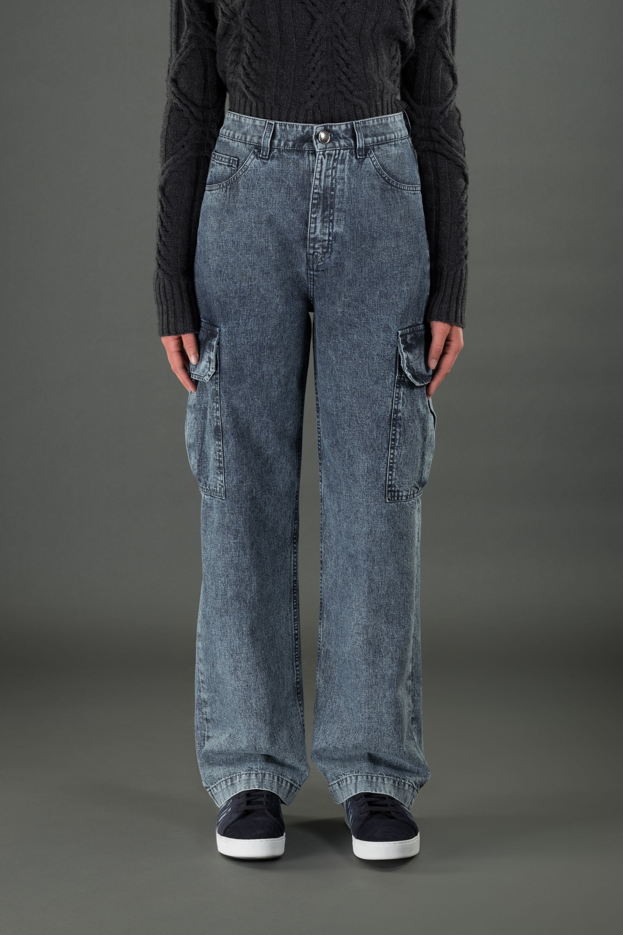 MOORER WOMEN'S BLUE WIDE-LEG CARGO TROUSERS