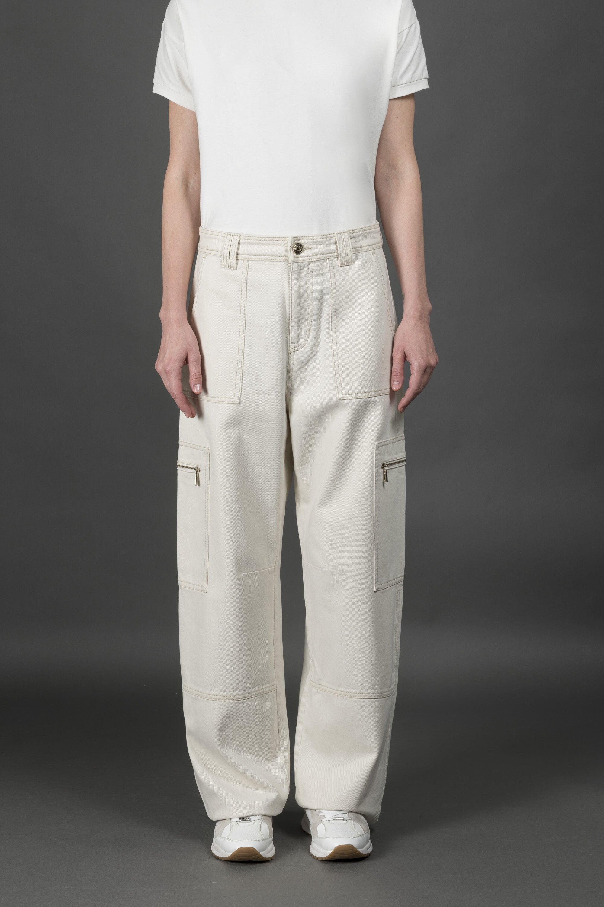 MOORER WOMEN'S OFF WHITE RELAXED CARGO TROUSERS