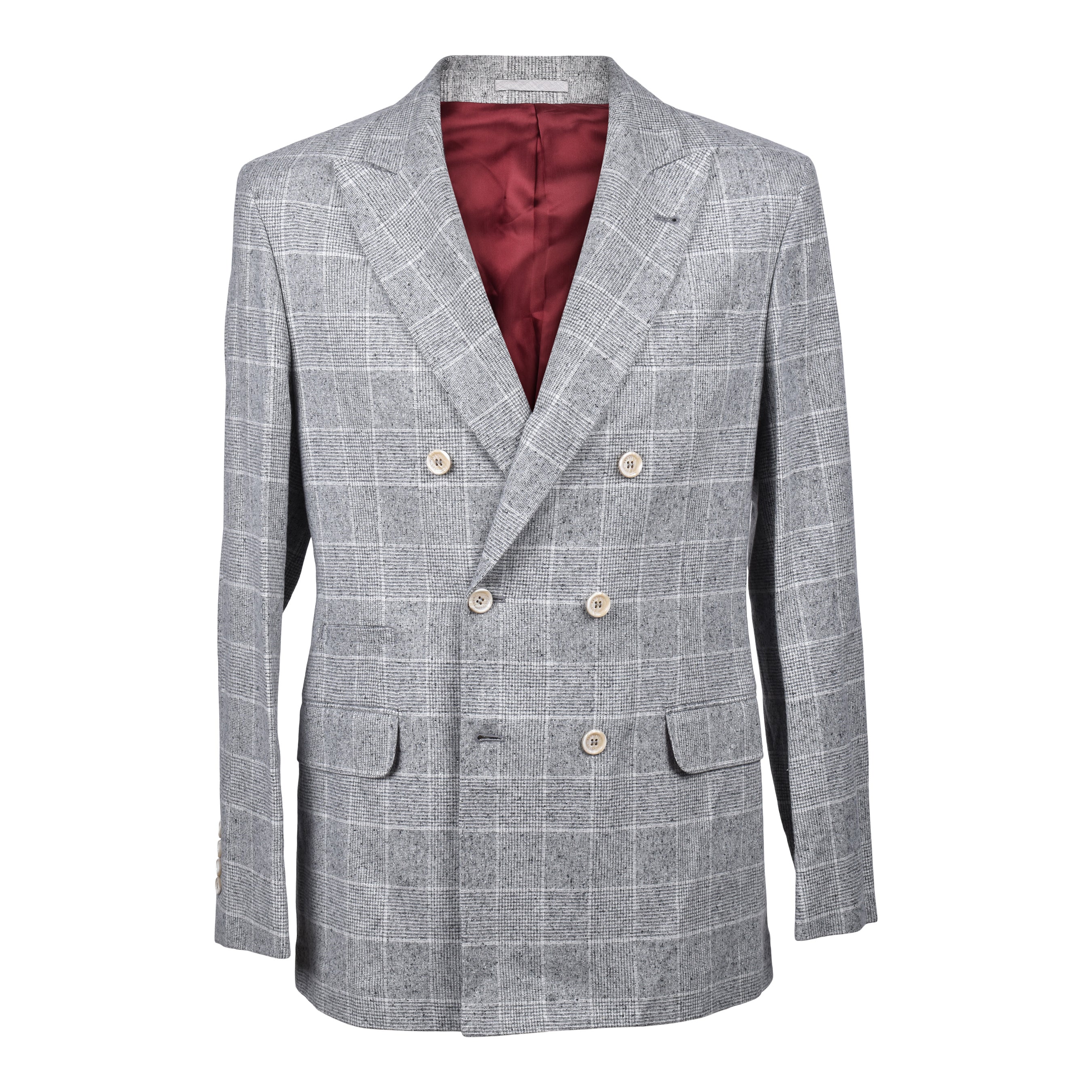 BRUNELLO CUCINELLI MEN'S PEARL GREY SILK WOOL CHECK BLAZER