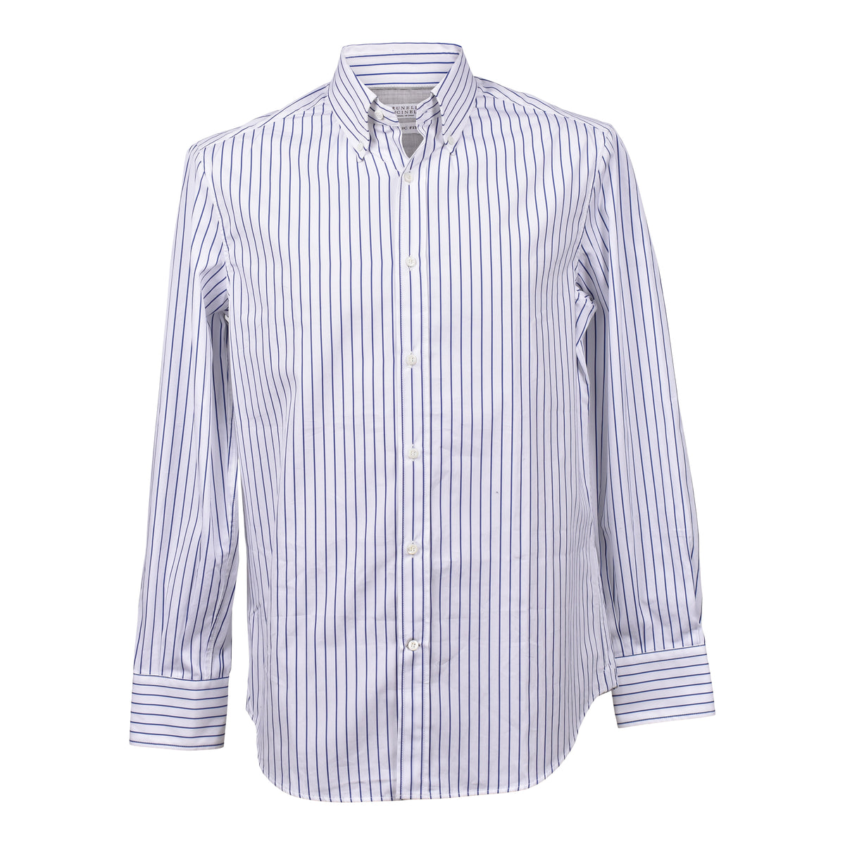 BRUNELLO CUCINELLI MEN'S WHITE BLUE STRIPED DRESS SHIRT