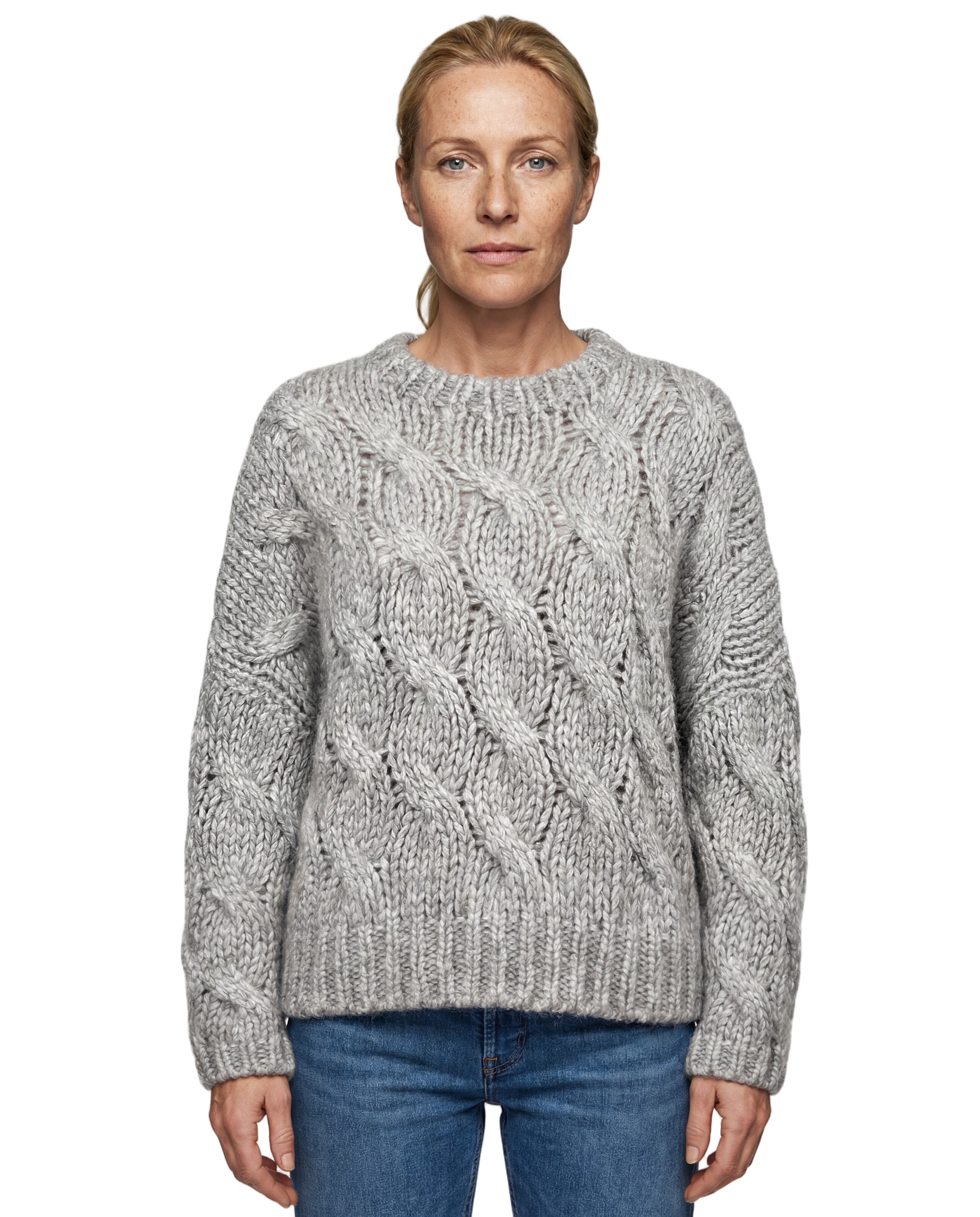 BRUNELLO CUCINELLI WOMEN'S LIGHT GREY WOOL CABLE KNIT SWEATER