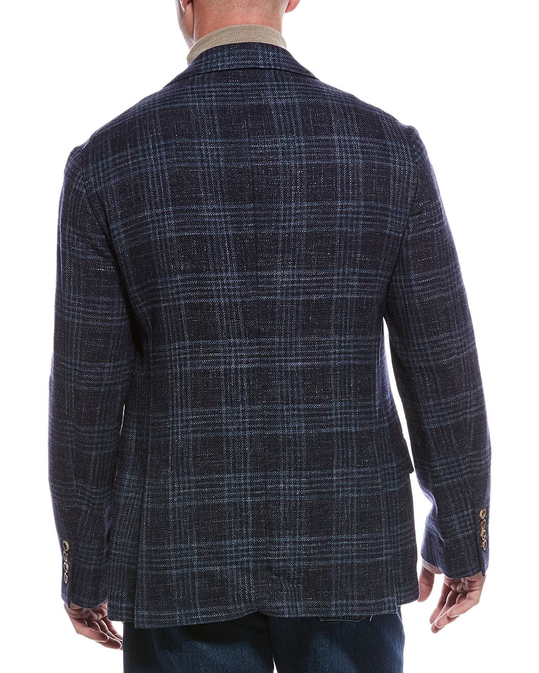 BRUNELLO CUCINELLI MEN'S NAVY PLAID TAILORED BLAZER