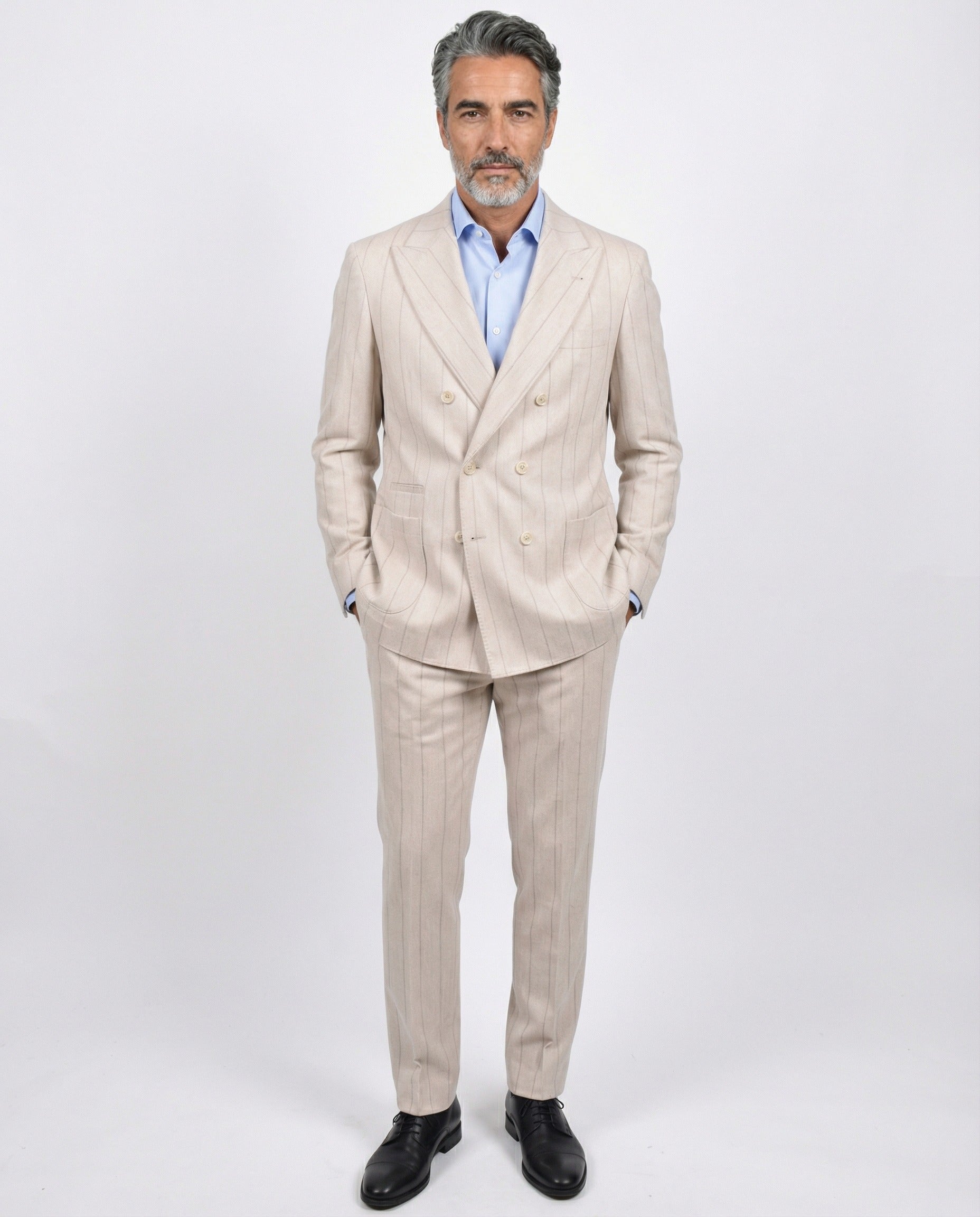 BRUNELLO CUCINELLI MEN'S SAND WOOL DOUBLE BREASTED SUIT