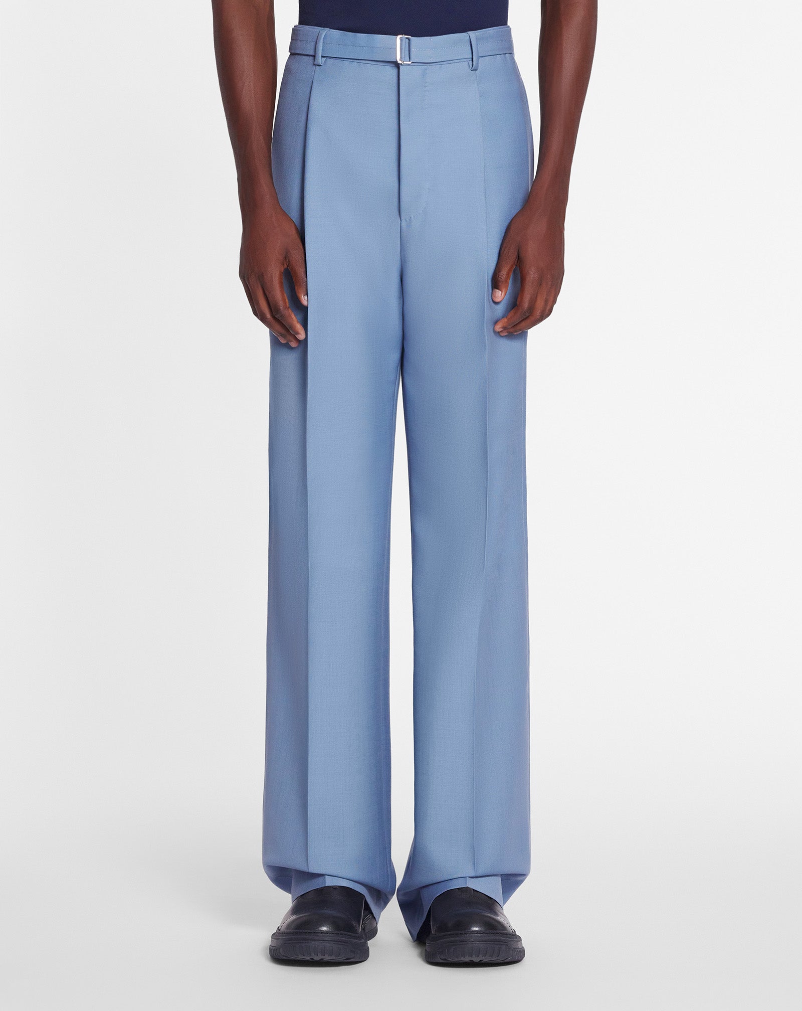 LANVIN MEN'S BLUE VIRGIN WOOL WIDE LEG TROUSERS
