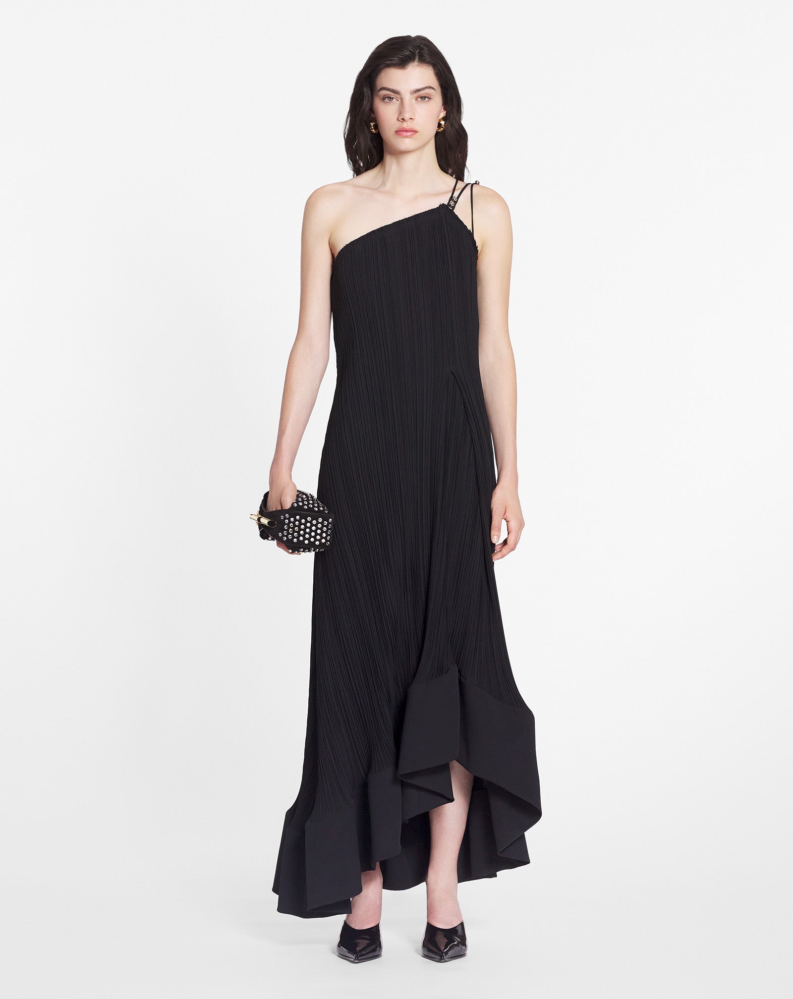 LANVIN WOMEN'S BLACK ONE-SHOULDER PLEATED LONG DRESS