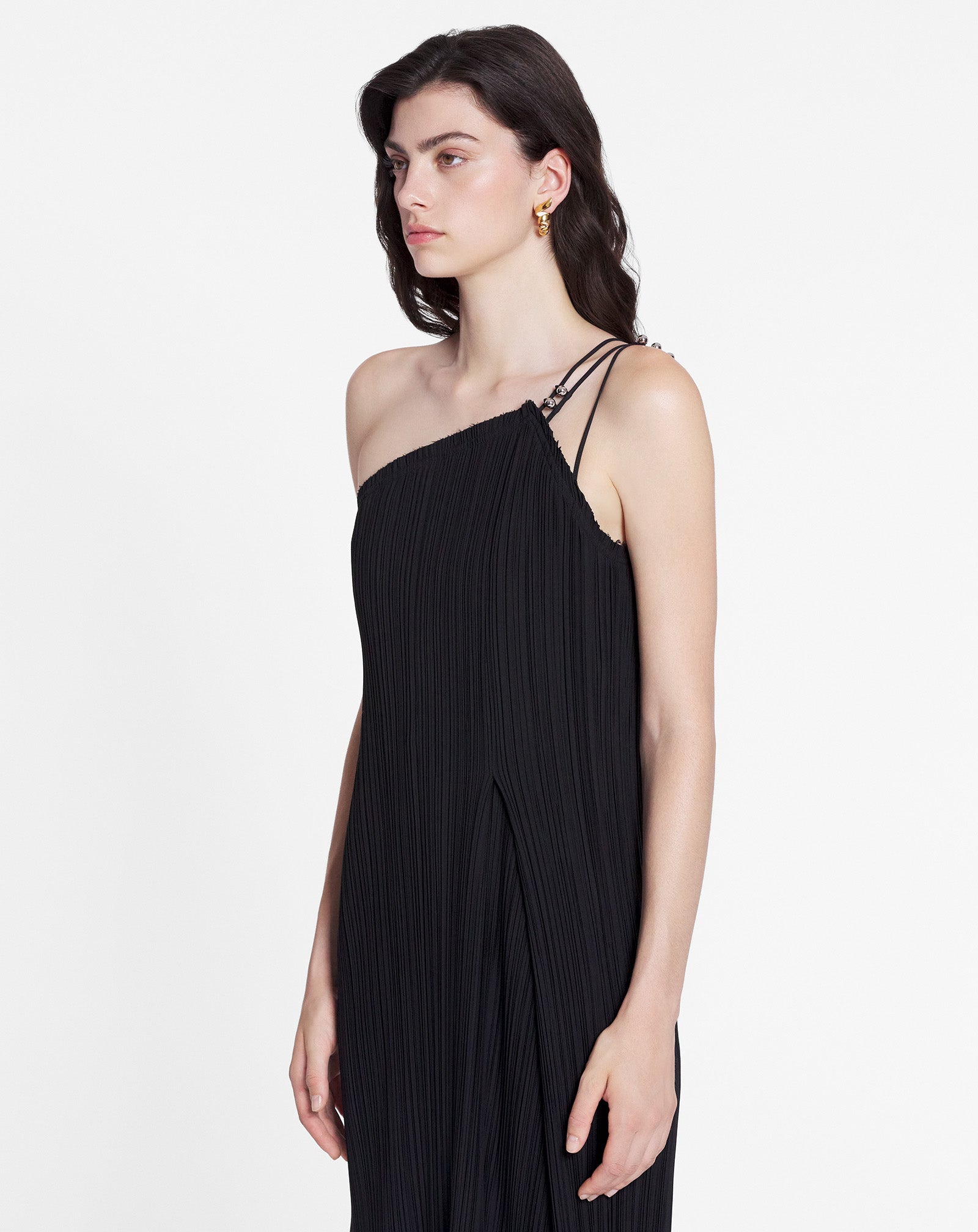 LANVIN WOMEN'S BLACK ONE-SHOULDER PLEATED LONG DRESS