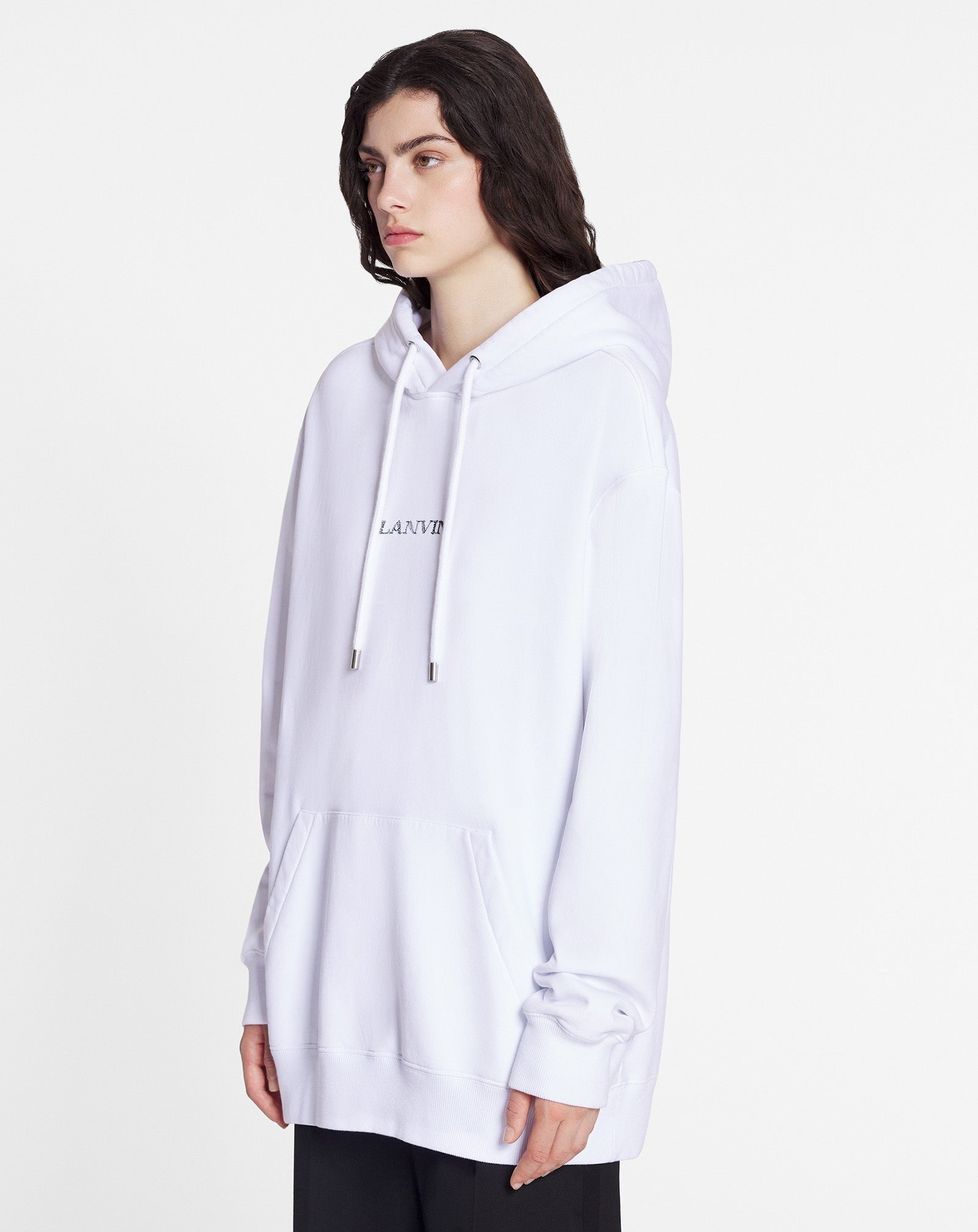 LANVIN UNISEX'S OPTIC WHITE EMBROIDERED OVERSIZED HOODIE