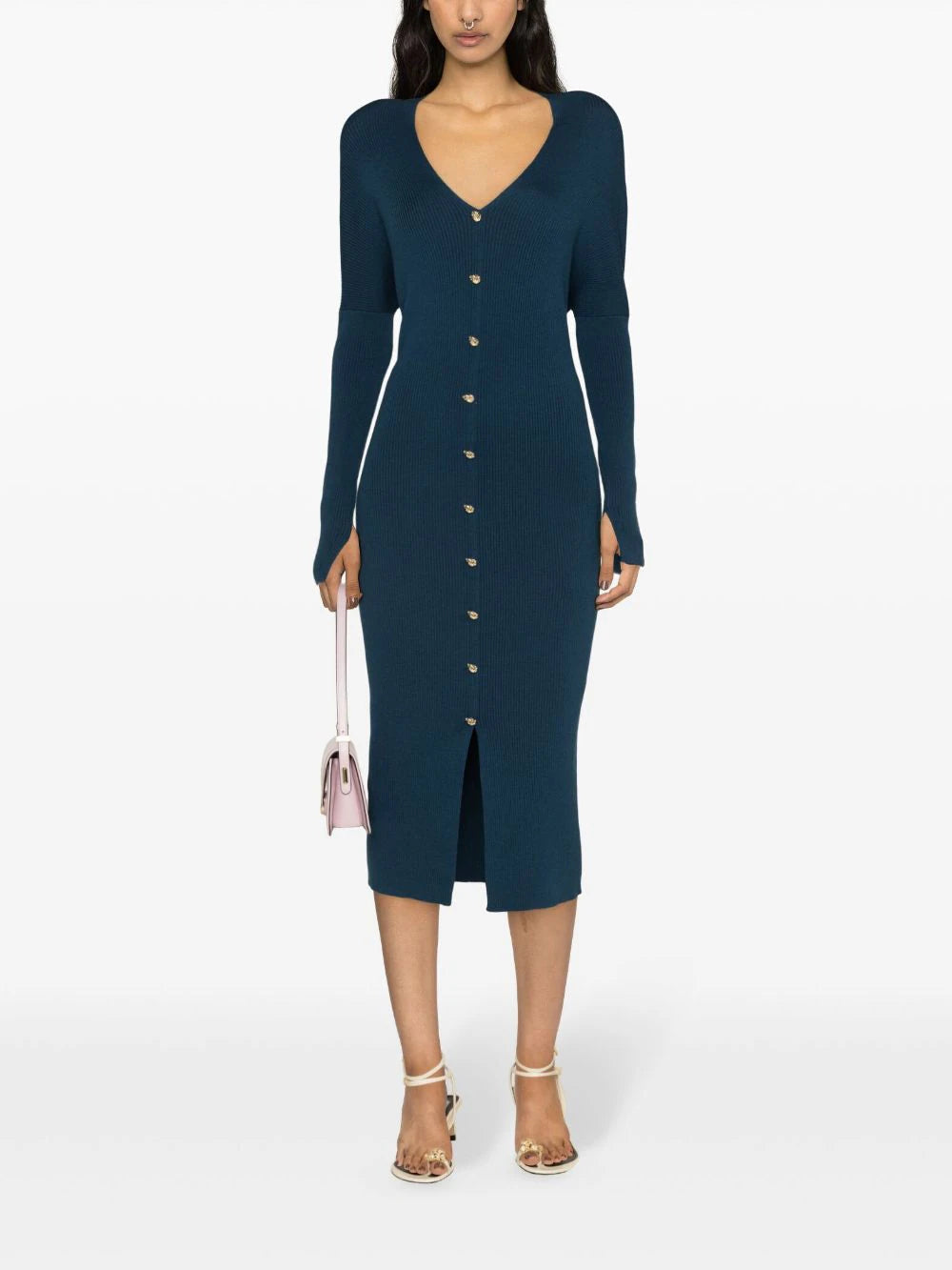 LANVIN WOMEN'S SAPPHIRE RIBBED LONG BUTTONED DRESS