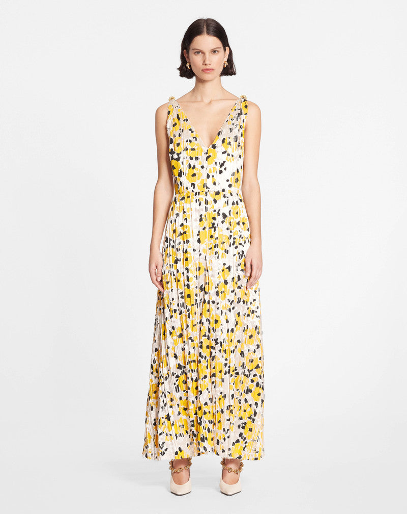 LANVIN WOMEN'S YELLOW FLORAL SLEEVELESS A-LINE MIDI DRESS