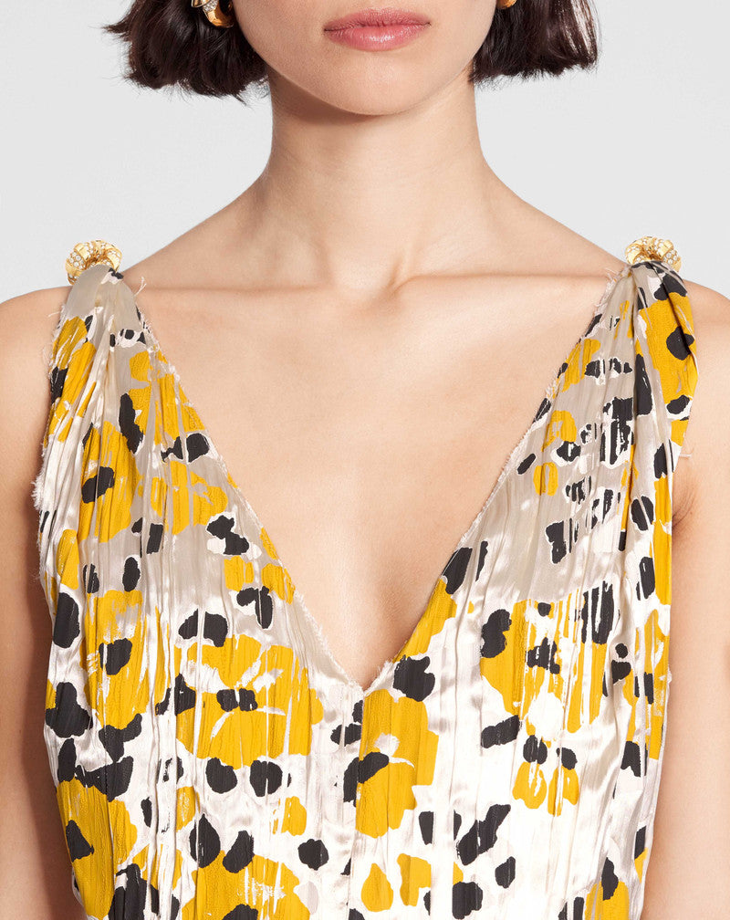 LANVIN WOMEN'S YELLOW FLORAL SLEEVELESS A-LINE MIDI DRESS