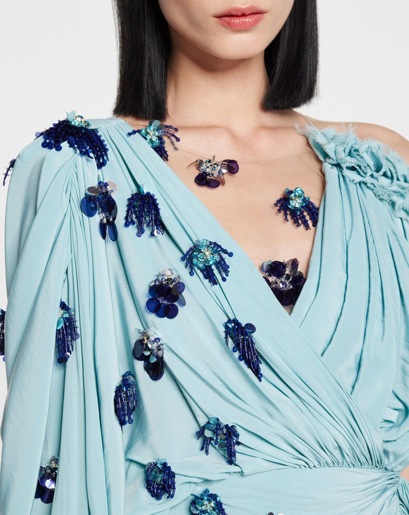 LANVIN WOMEN'S MENTHE DRAPED EMBROIDERED DRESS