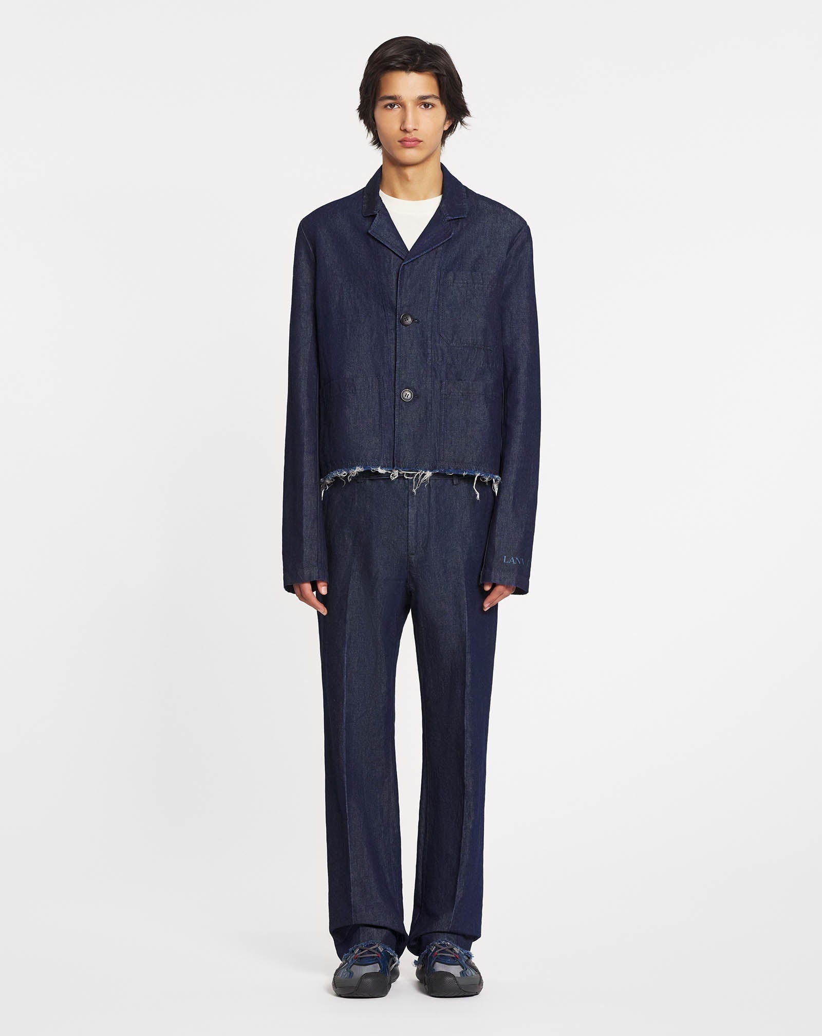 LANVIN MEN'S NAVY LINEN BLEND DENIM JACKET