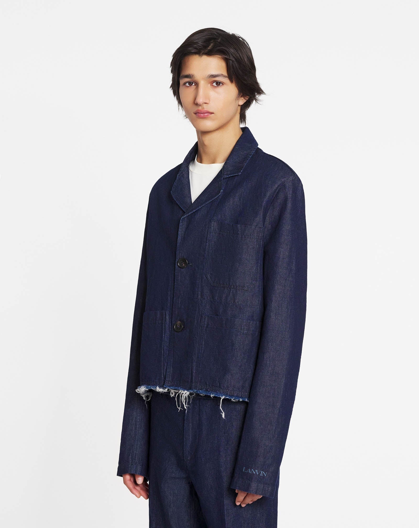 LANVIN MEN'S NAVY LINEN BLEND DENIM JACKET