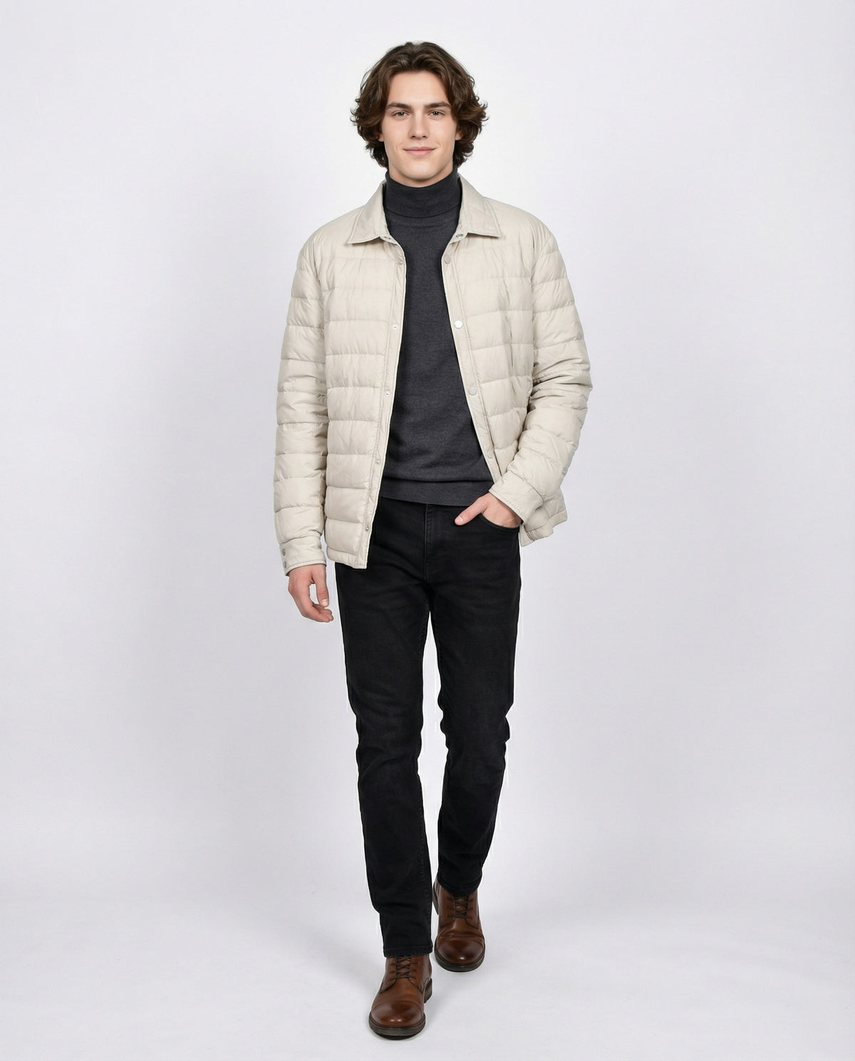 PESERICO MEN'S BEIGE QUILTED PUFFER BOMBER JACKET