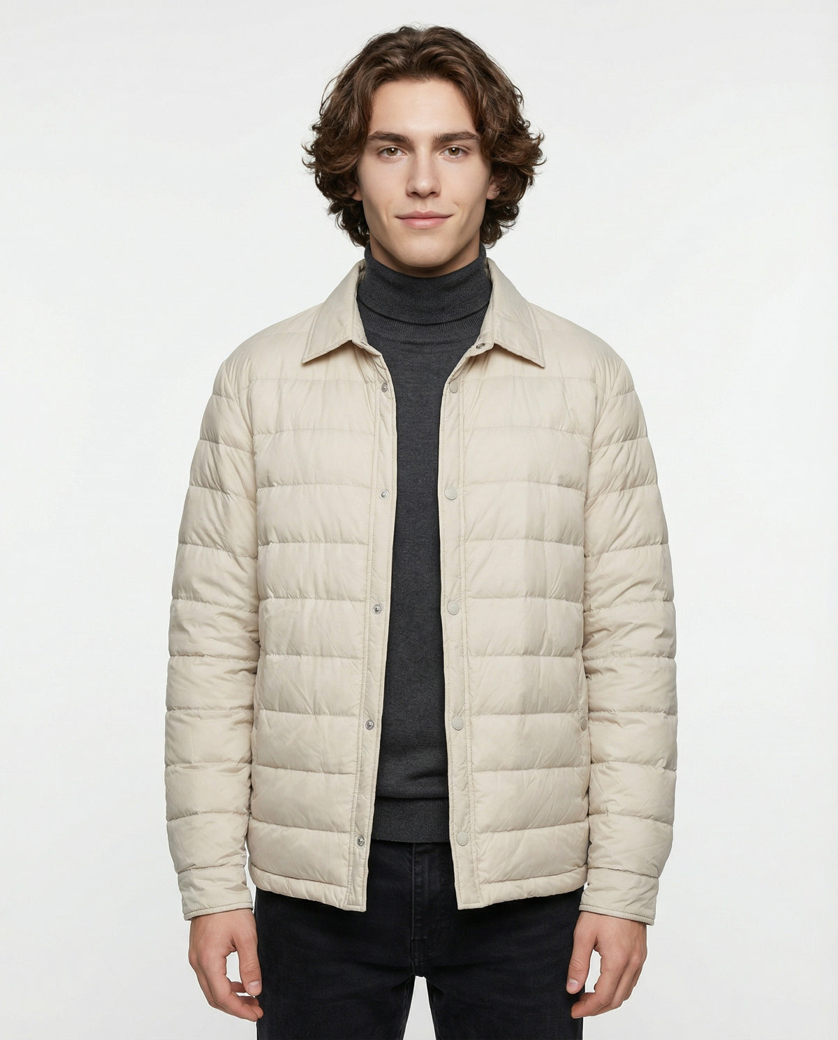 PESERICO MEN'S BEIGE QUILTED PUFFER BOMBER JACKET