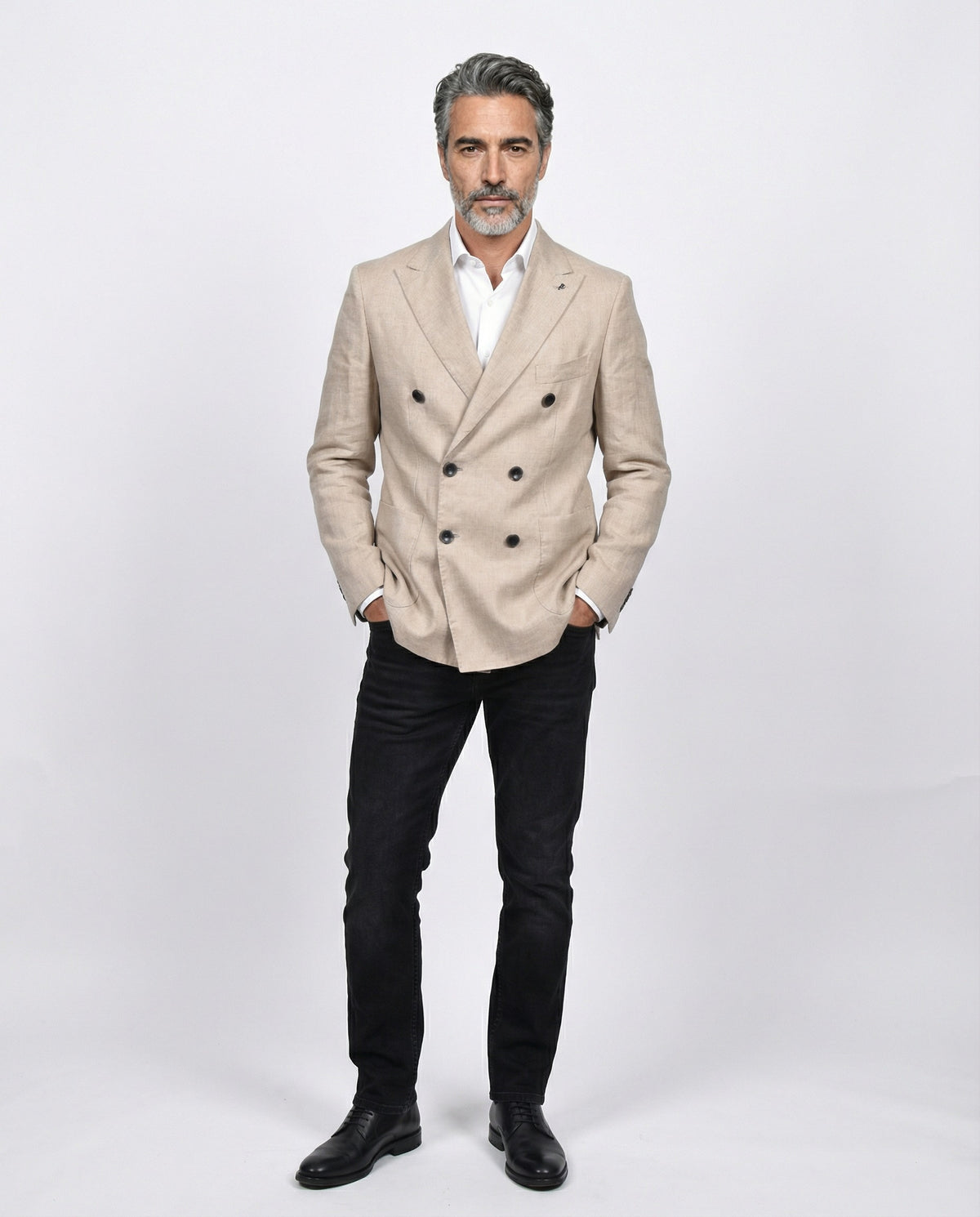 PESERICO MEN'S BEIGE LINEN DOUBLE-BREASTED BLAZER