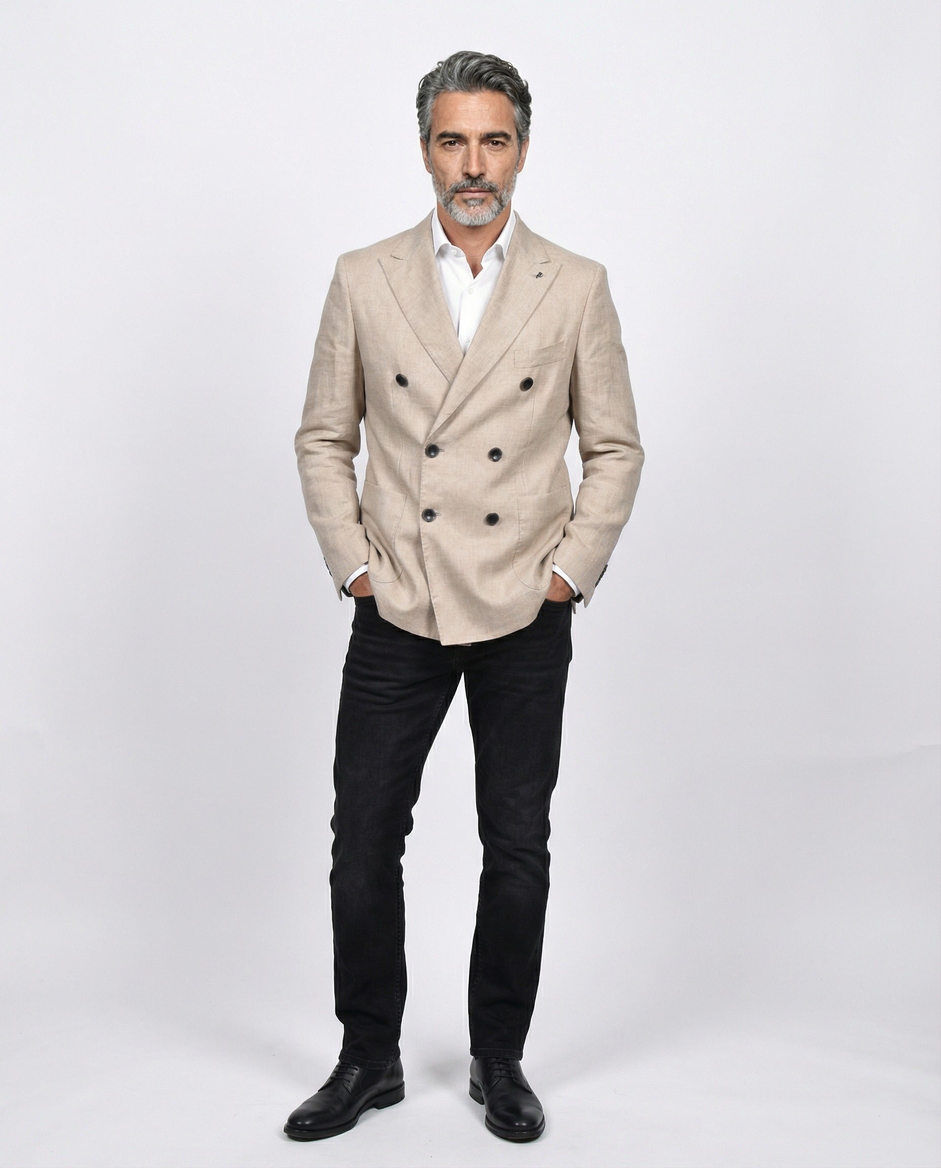PESERICO MEN'S BEIGE LINEN DOUBLE-BREASTED BLAZER