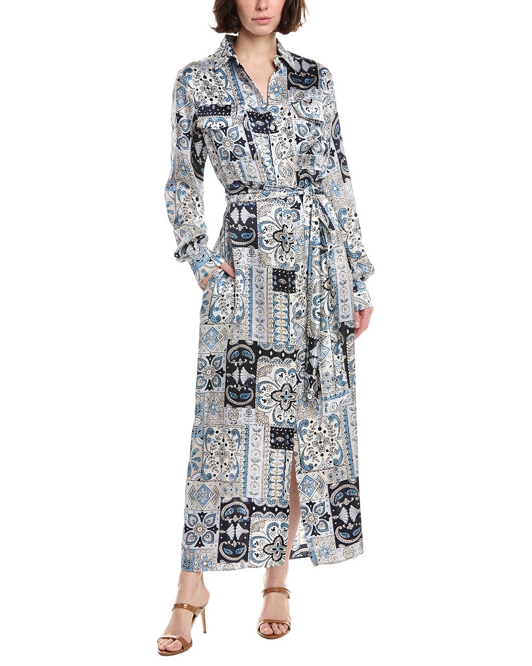 ELEVENTY WOMEN'S BLUE PATTERNED LONG DRESS WITH BELT