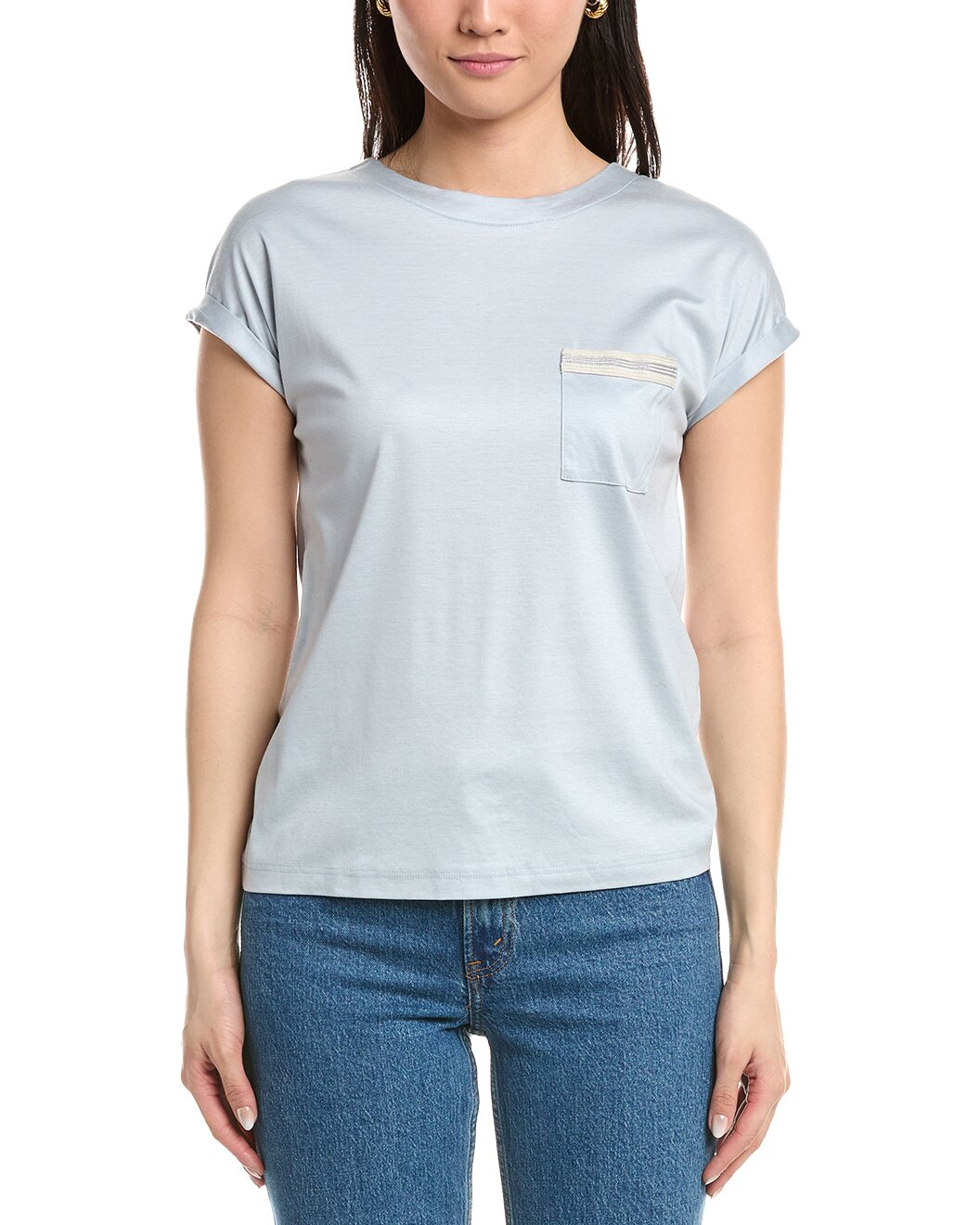 ELEVENTY WOMEN'S DUSTY BLUE ROUND-NECK T-SHIRT WITH POCKET
