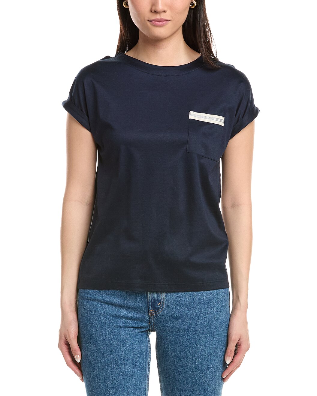 ELEVENTY WOMEN'S NAVY ROUND-NECK T-SHIRT WITH POCKET
