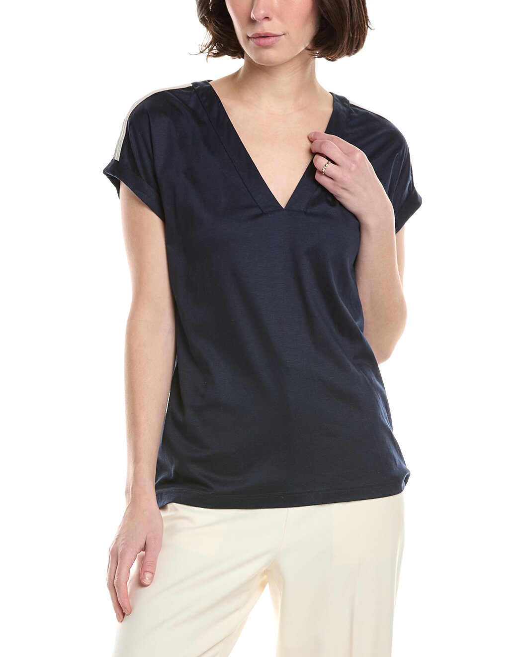 ELEVENTY WOMEN'S NAVY V-NECK T-SHIRT WITH STRIPE