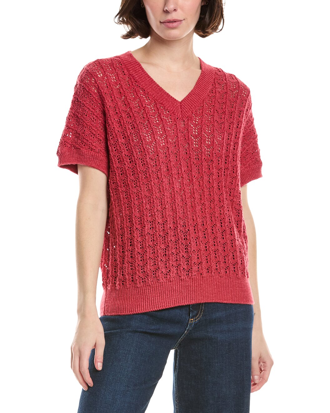ELEVENTY WOMEN'S CORAL HALF-SLEEVE V-NECK SWEATER