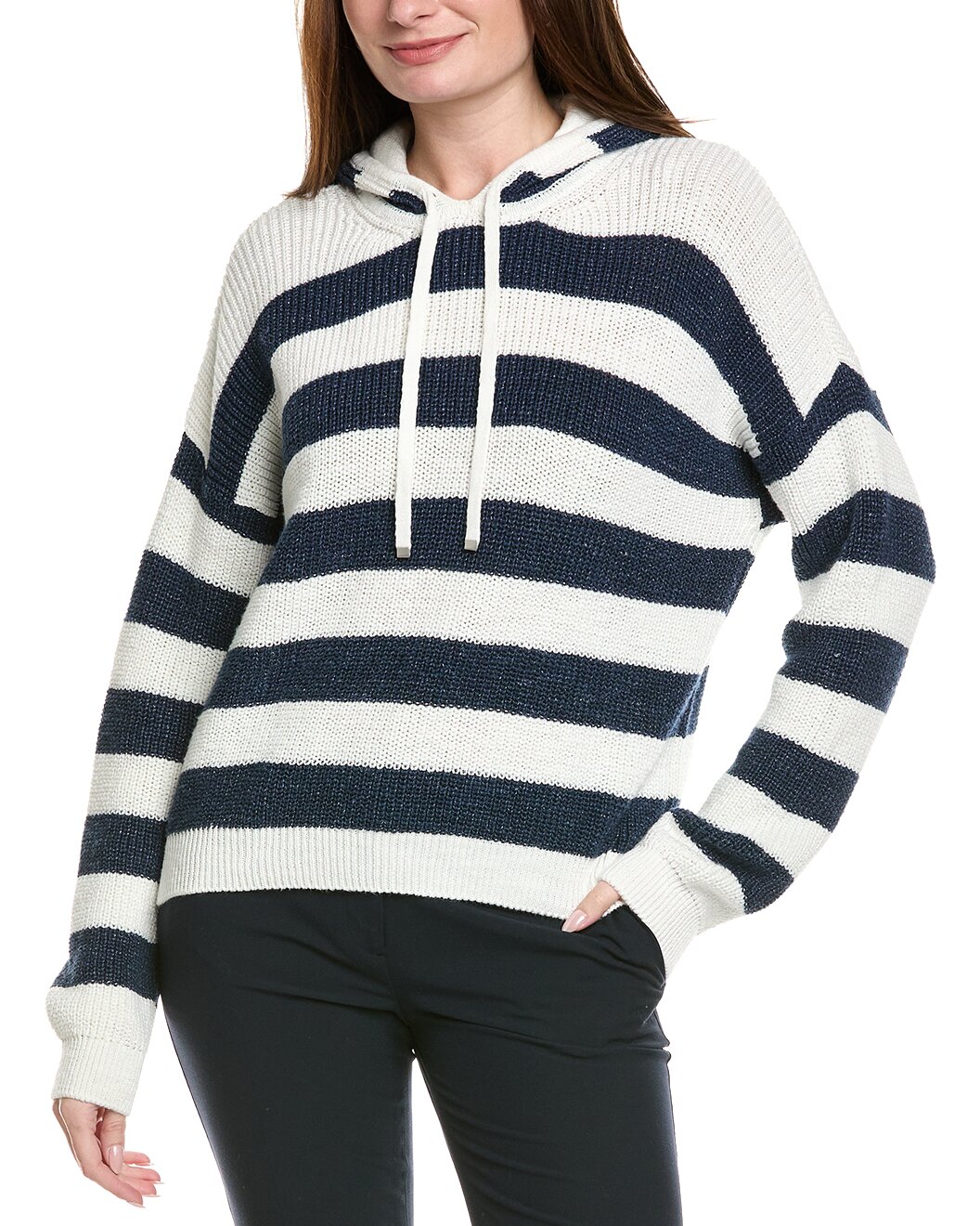 ELEVENTY WOMEN'S WHITE NAVY STRIPED HOODED SWEATER