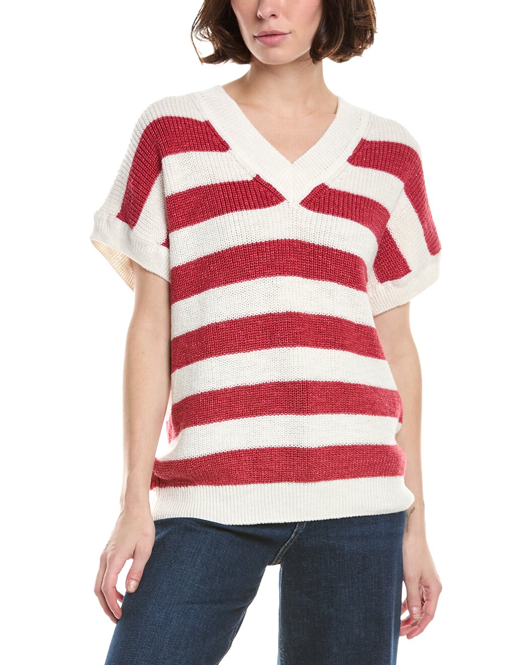 ELEVENTY WOMEN'S WHITE CORAL STRIPED V-NECK SWEATER