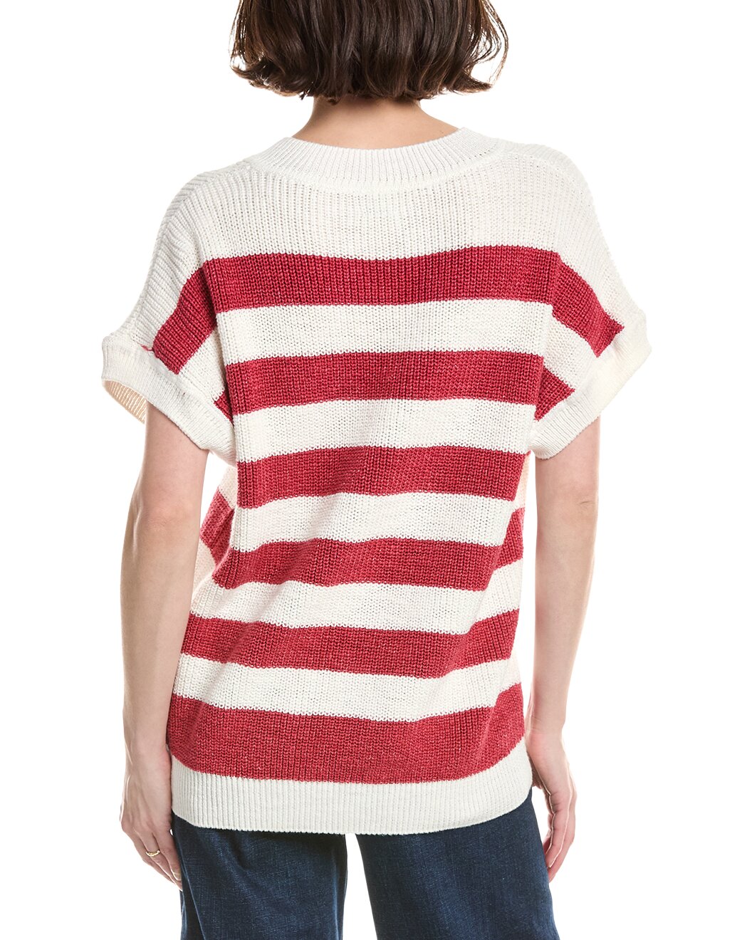 ELEVENTY WOMEN'S WHITE CORAL STRIPED V-NECK SWEATER