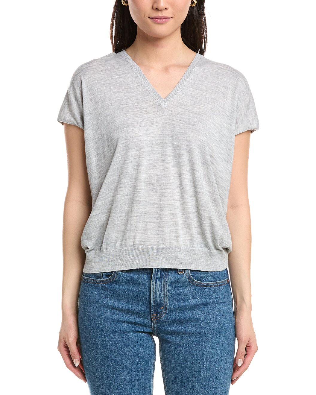 ELEVENTY WOMEN'S LIGHT GREY HALF-SLEEVE V-NECK SWEATER
