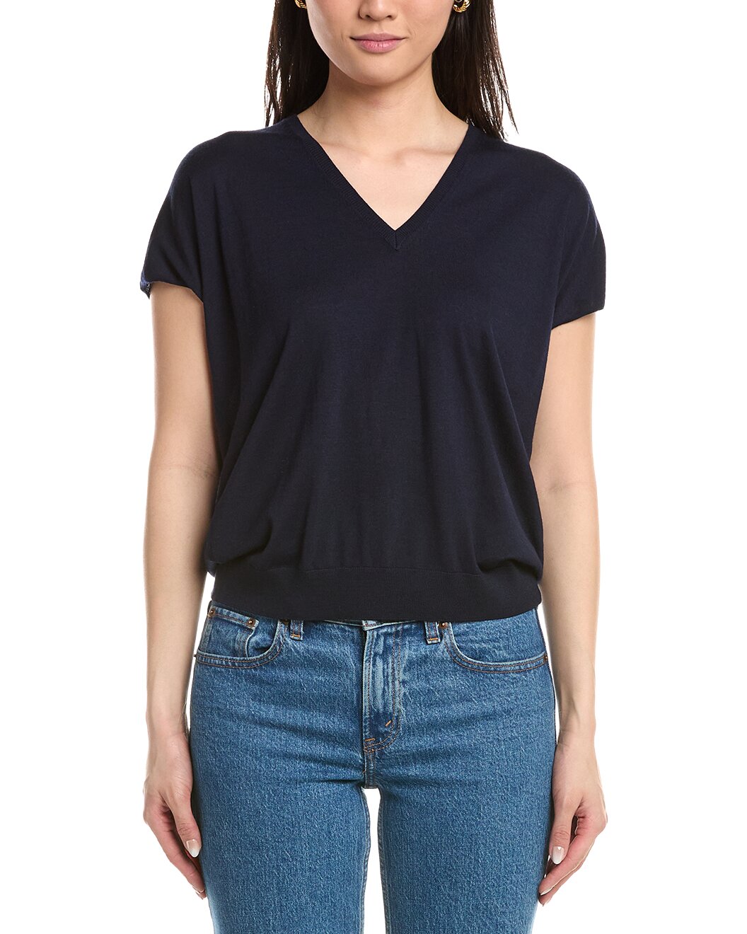 ELEVENTY WOMEN'S NAVY HALF-SLEEVE V-NECK SWEATER