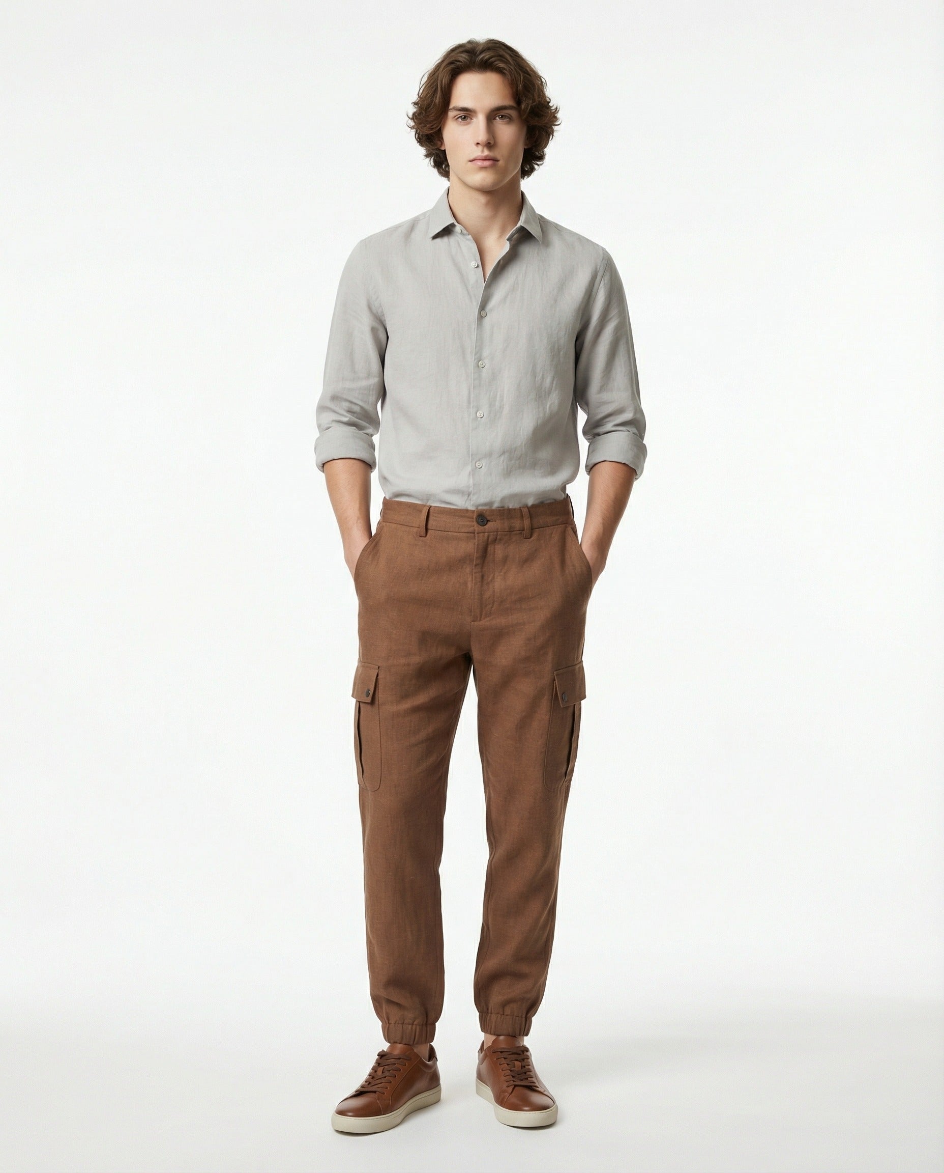 PESERICO MEN'S BROWN LINEN CARGO TROUSERS