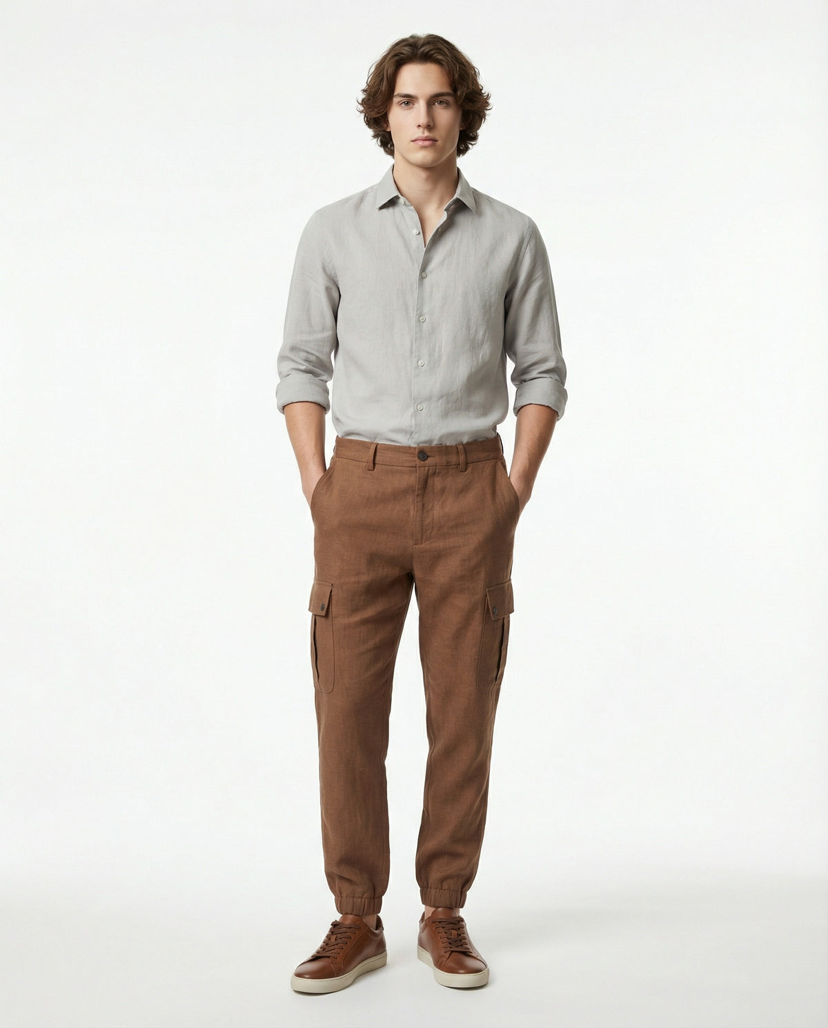 PESERICO MEN'S BROWN LINEN CARGO TROUSERS