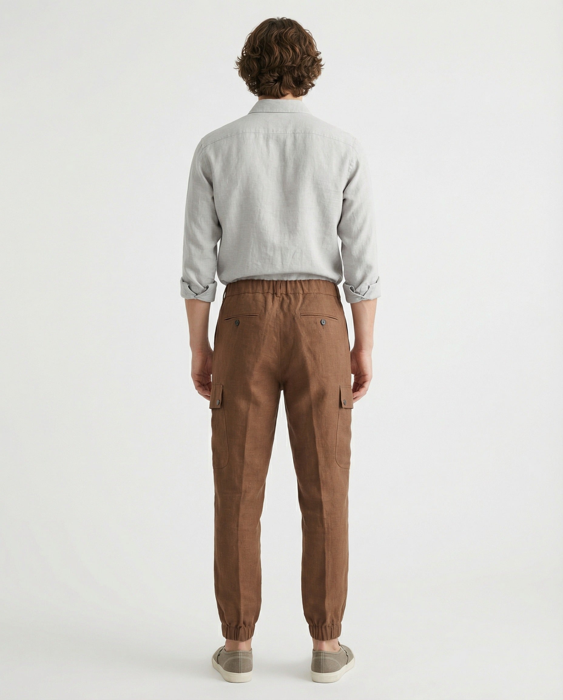 PESERICO MEN'S BROWN LINEN CARGO TROUSERS