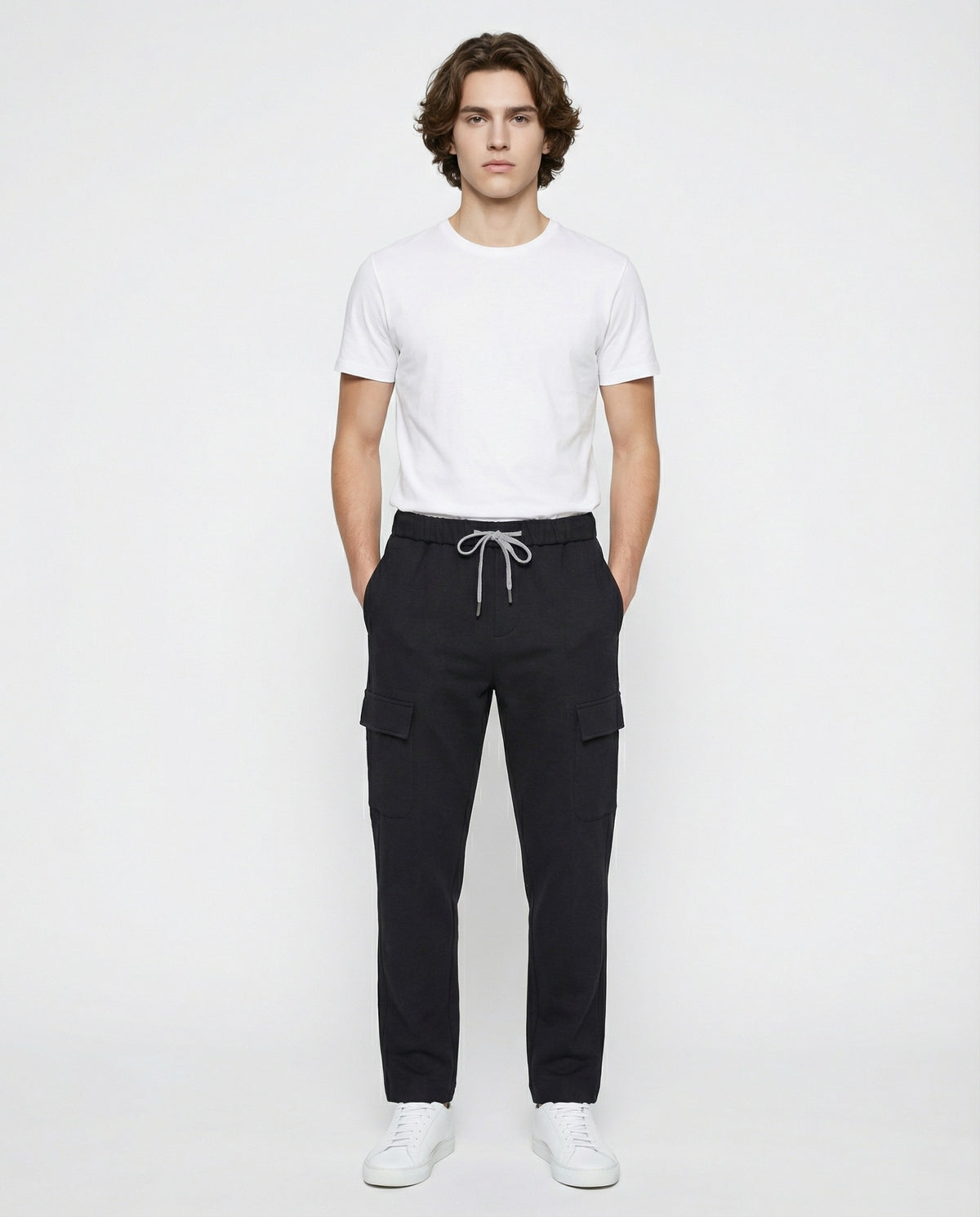 PESERICO MEN'S BLACK CARGO TROUSERS WITH DRAWSTRING