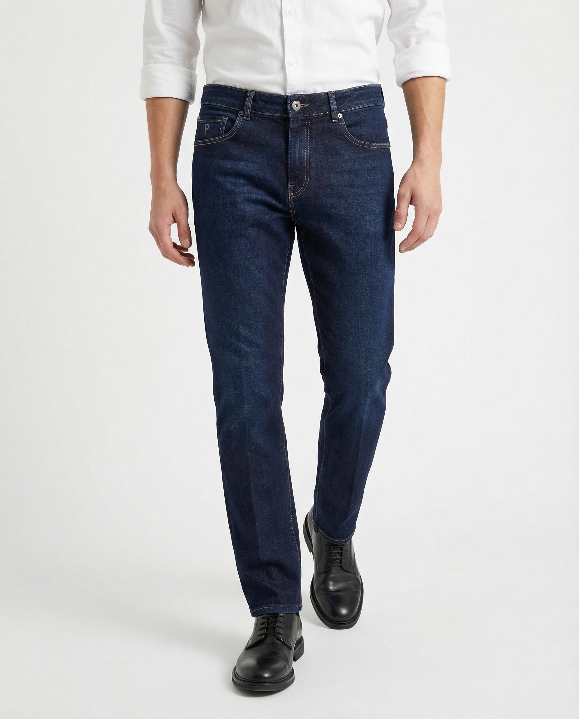 PESERICO MEN'S DARK BLUE COTTON STRAIGHT TROUSERS
