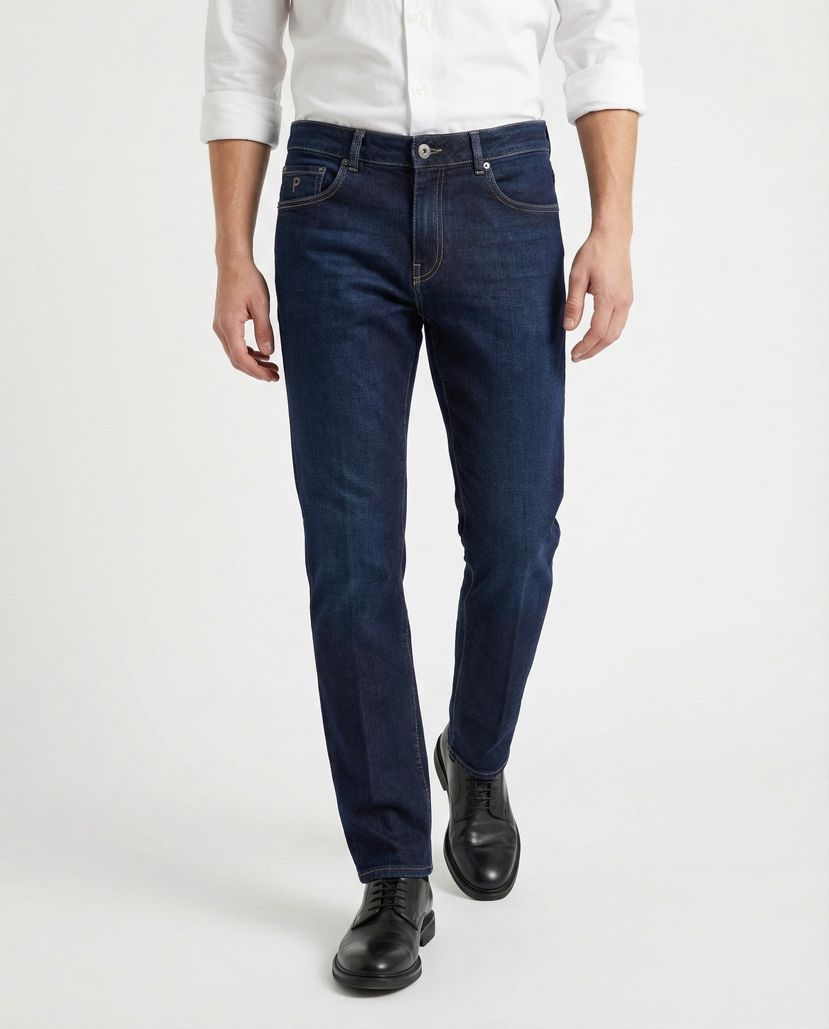 PESERICO MEN'S DARK BLUE COTTON STRAIGHT TROUSERS