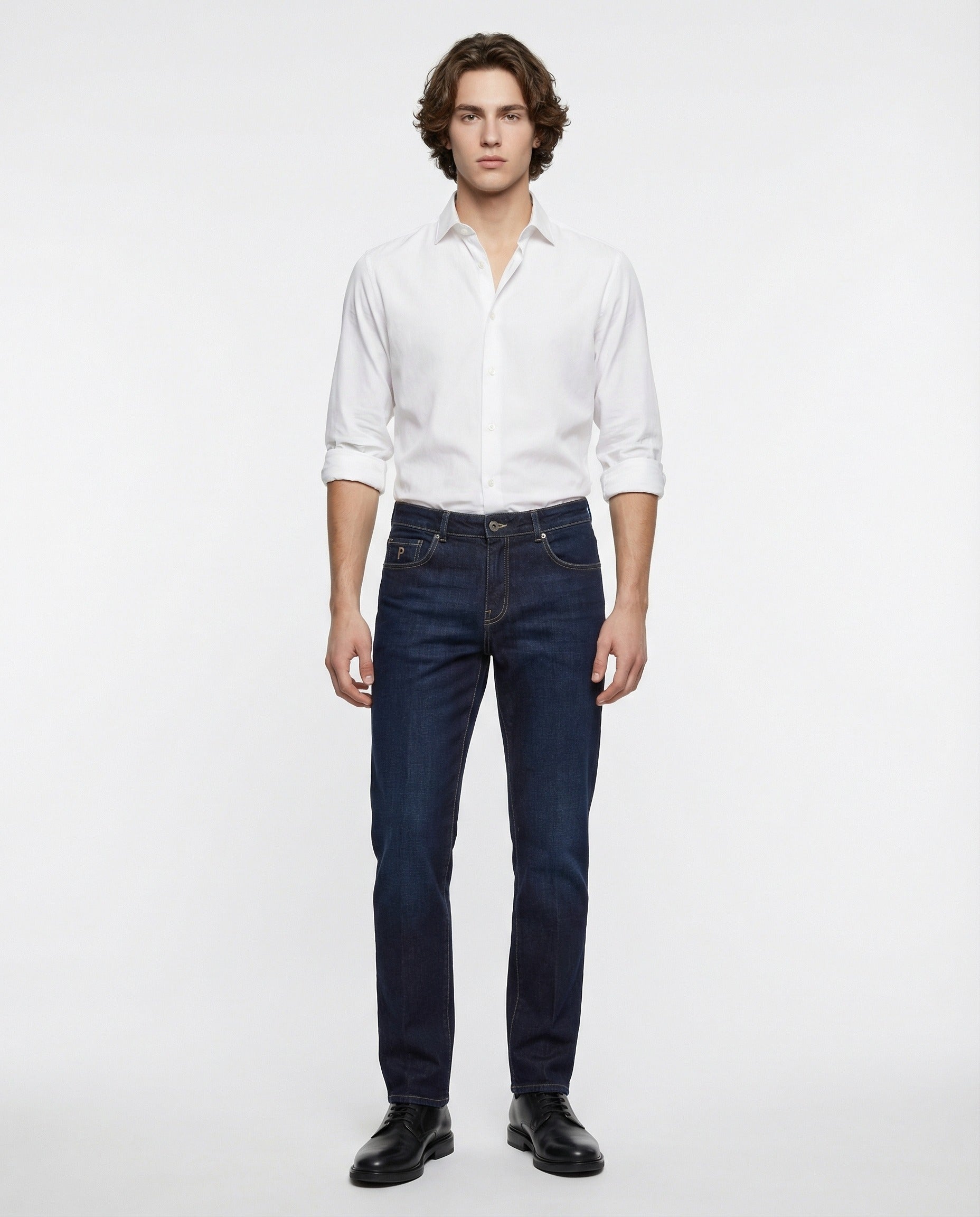 PESERICO MEN'S DARK BLUE COTTON STRAIGHT TROUSERS