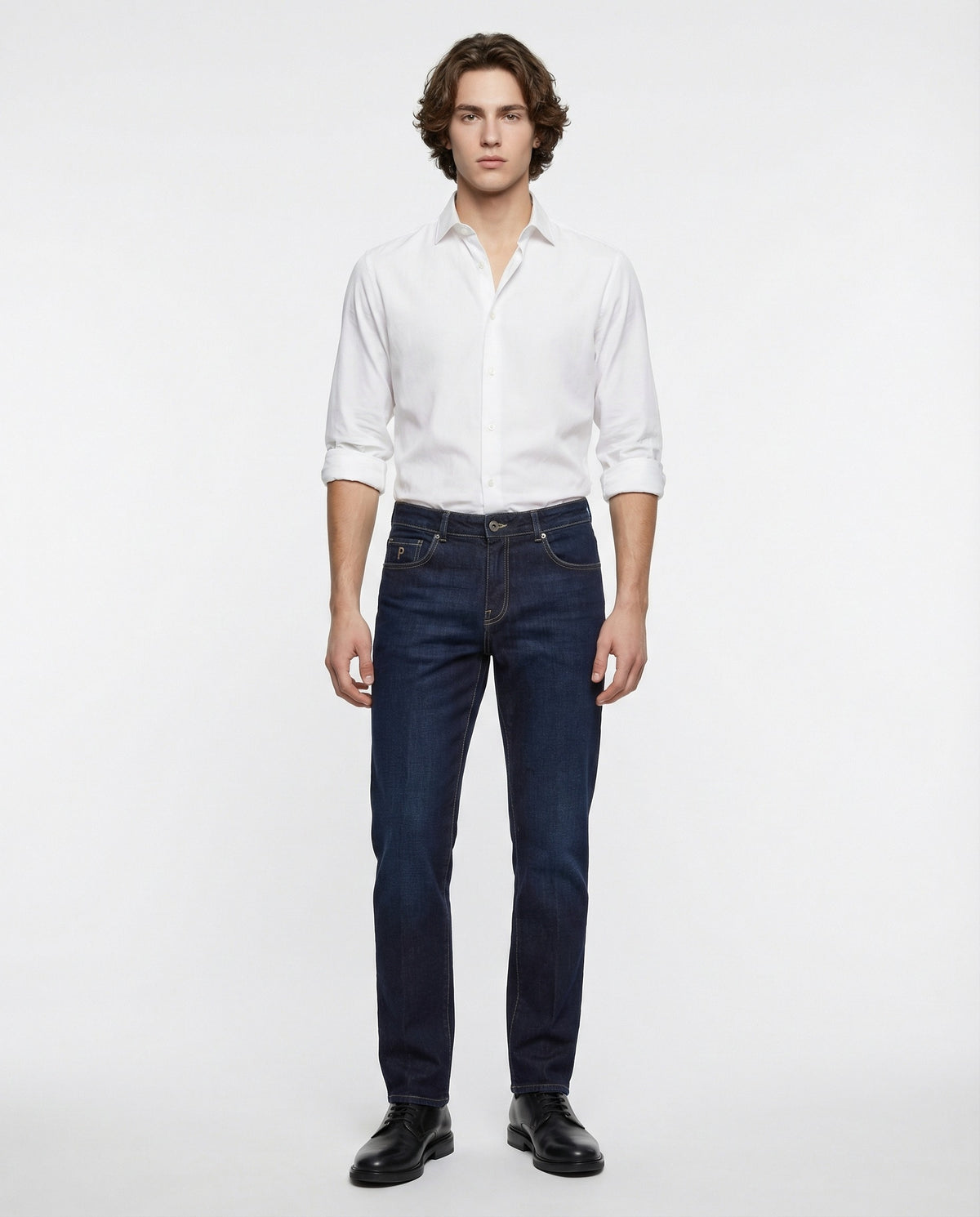 PESERICO MEN'S DARK BLUE COTTON STRAIGHT TROUSERS