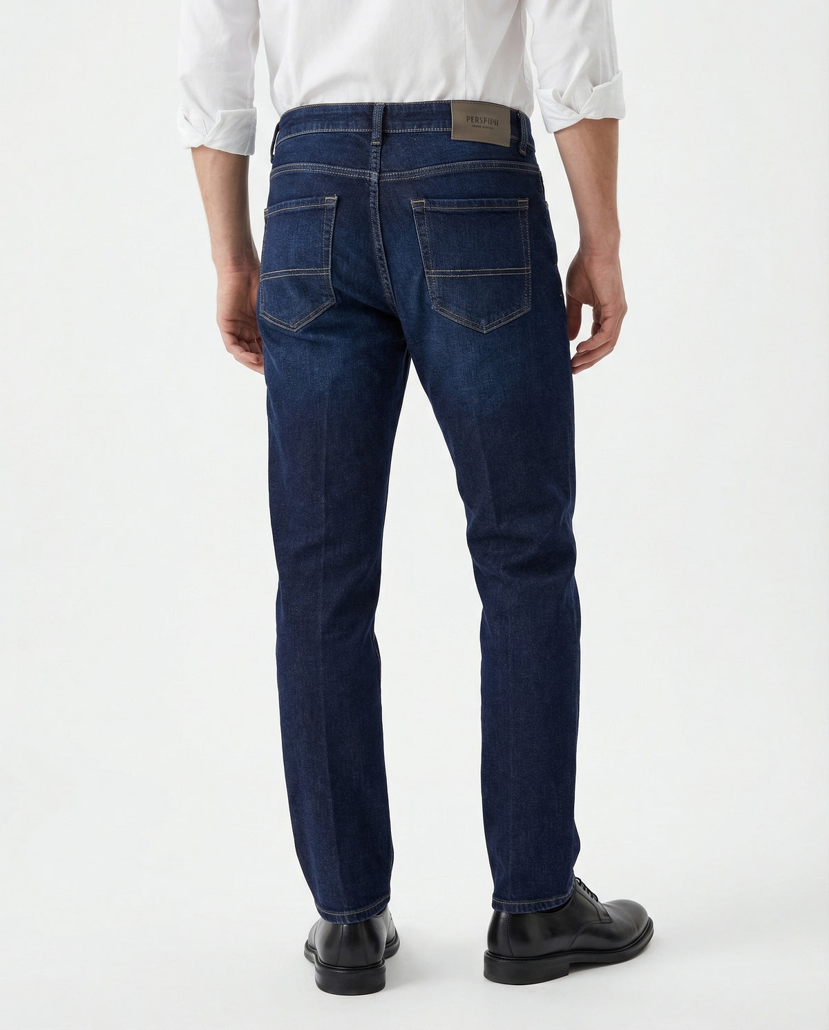 PESERICO MEN'S DARK BLUE COTTON STRAIGHT TROUSERS